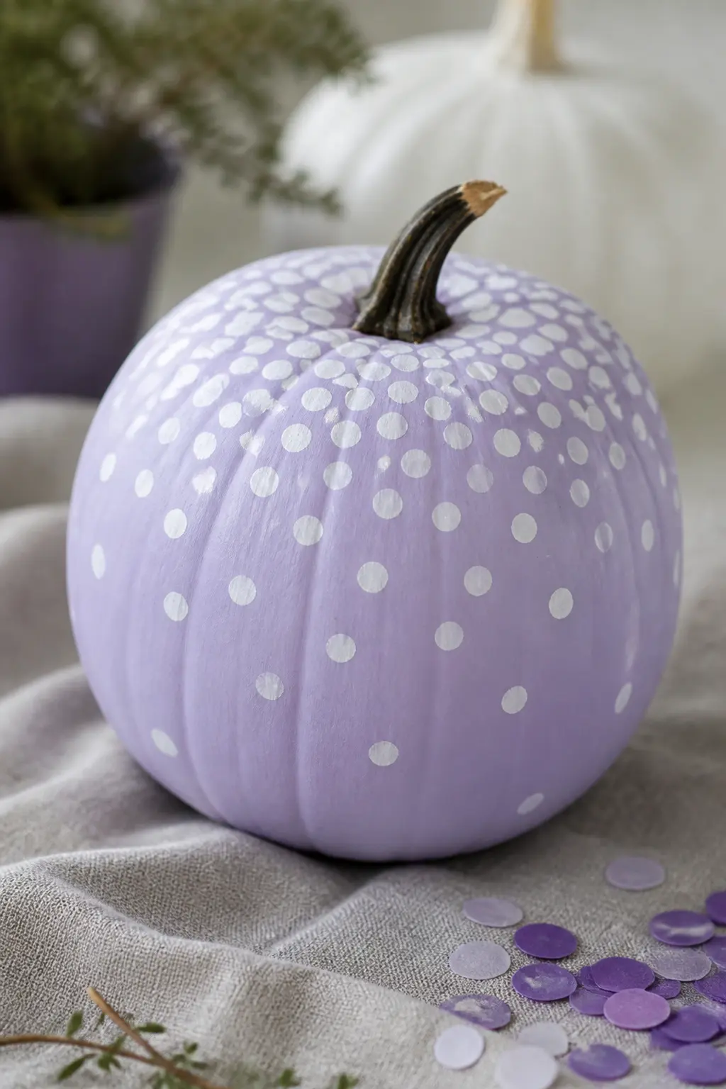 Lavender With White Dots — Dots are the most forgiving pattern on a curved surface. Purple painted pumpkin