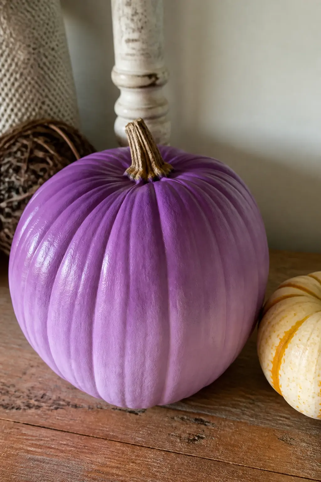 Lilac With a Deeper Purple Fading Upward — Start with a lilac base coat on the whole pumpkin. Purple painted pumpkin