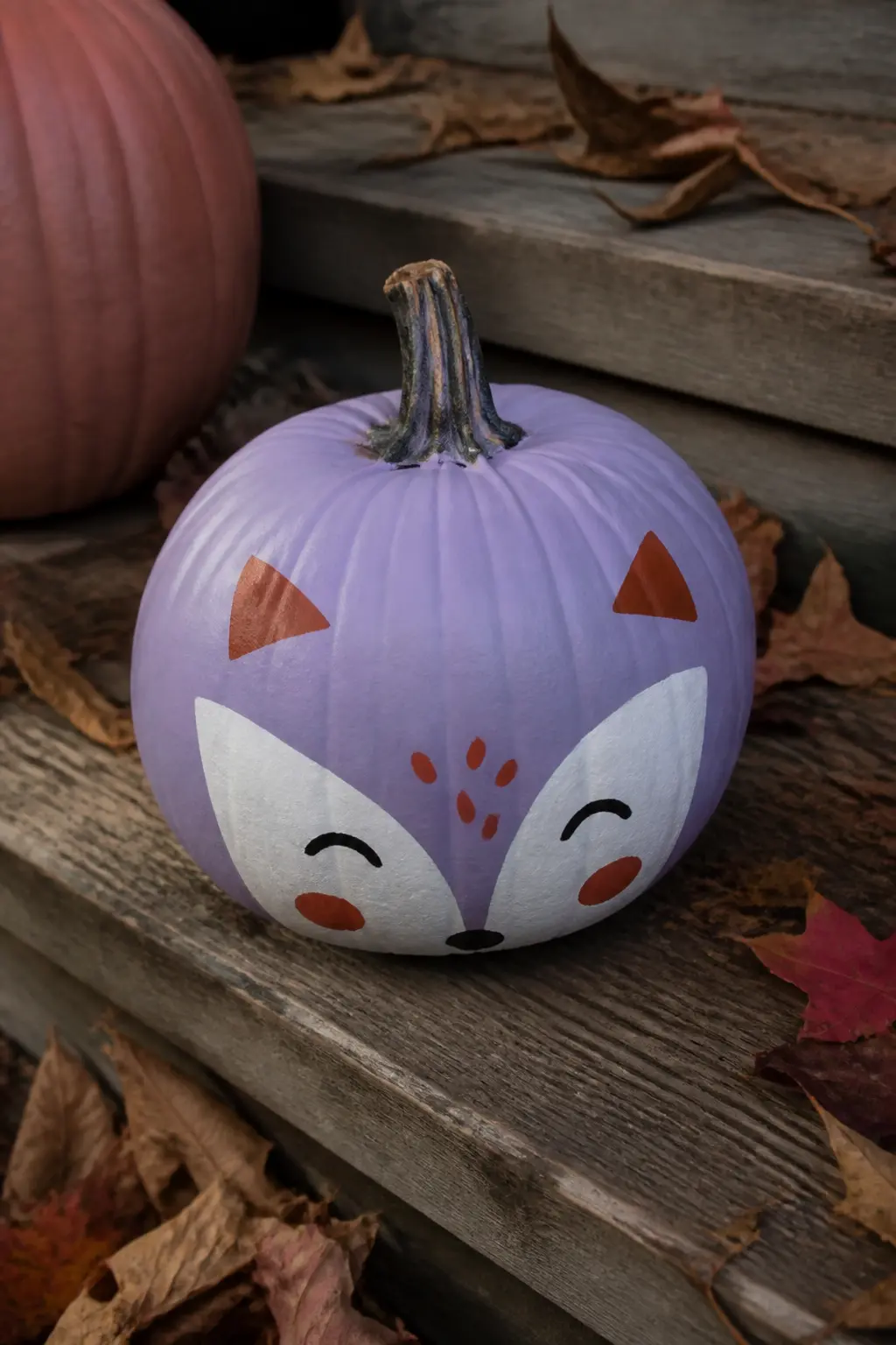 Lilac With a Fox Face in White and Rust — A fox face on a lilac pumpkin sounds like a children's craft and lands as something entirely different when the