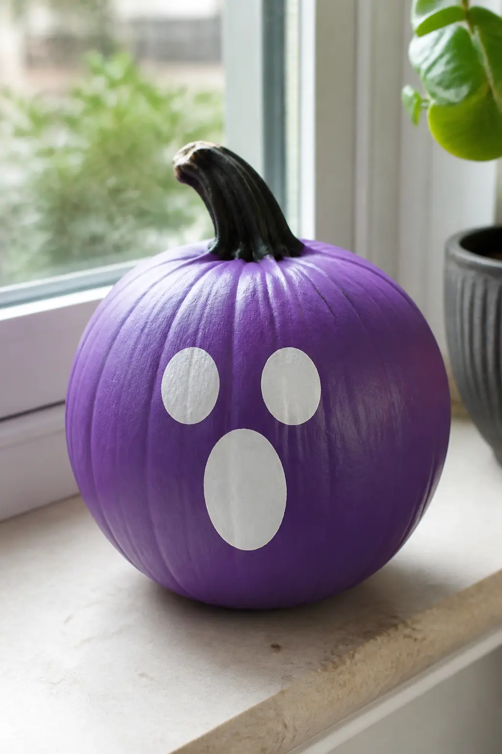 Mid Purple With a White Ghost Face — The same ghost face that appears in the lavender entry reads completely differently here. Purple painted pumpkin