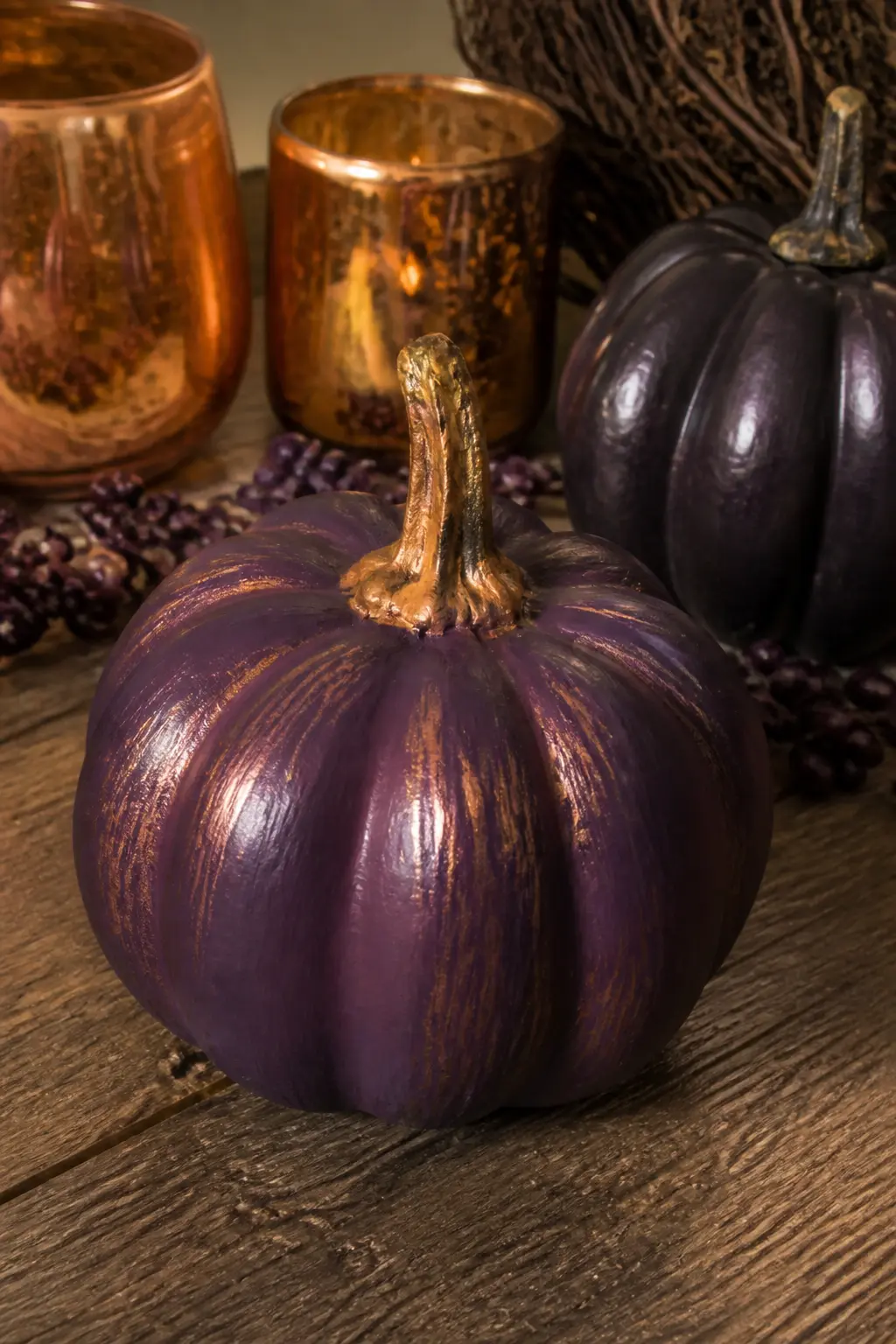 Plum With Copper Dry-Brushed on the Ridges — Dry-brushing is the technique where you load a brush lightly with copper metallic paint and drag it quickly across