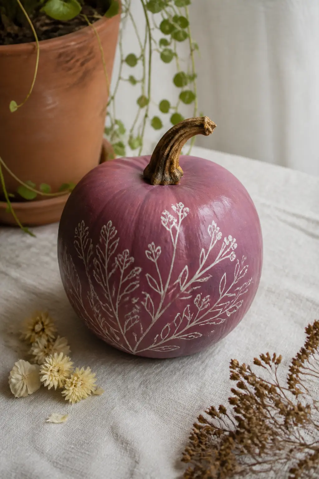 Plum With Cream Botanical Line Work — Draw botanical motifs in cream paint or a cream paint pen: a single stem with small leaves, a sprig of berries, a simple