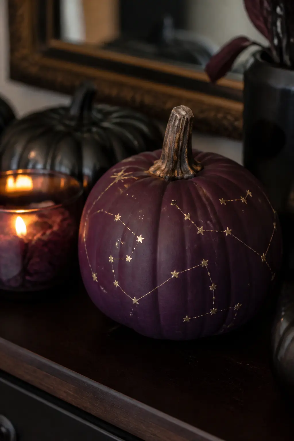 Plum With Gold Constellation Dots — Dot constellations with a fine dotting tool or toothpick dipped in gold paint: the dots represent the stars, and fine