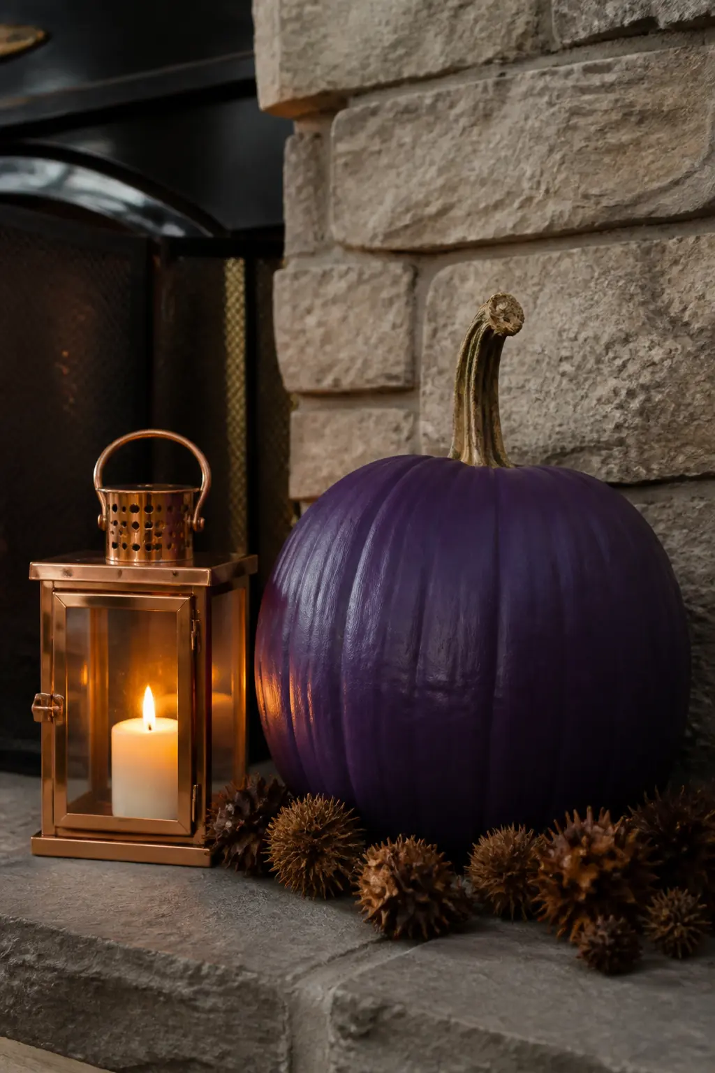 Purple With Copper — Copper warms every shade of purple it sits beside, pulling the cool tones forward so they read as richer. Purple painted pumpkin