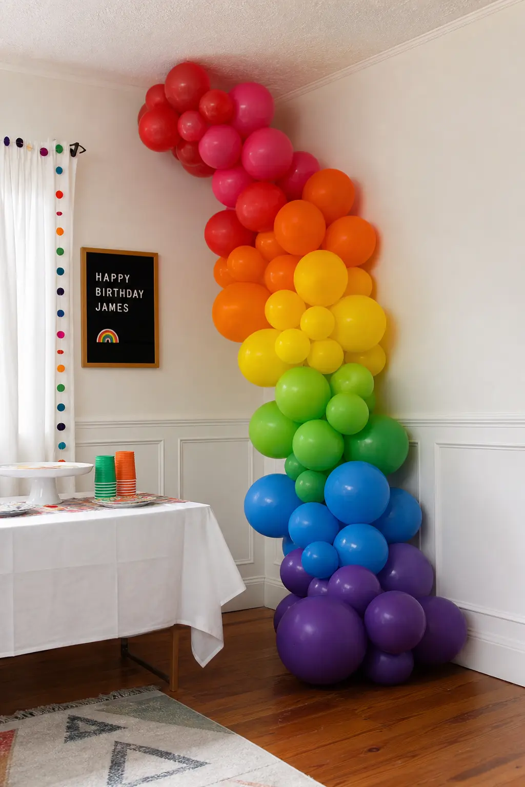 Cascade Down a Corner With Colours Falling in Spectrum Order — The garland starts at ceiling height in one colour and falls diagonally down a room corner, the