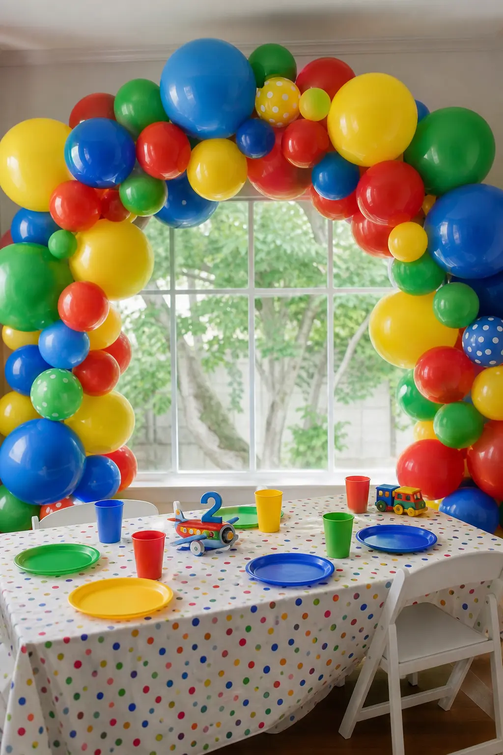 Chunky Bright Gloss Clusters Over a Toddler's Party Table — Dense clusters of full-gloss primary-bright balloons in varying sizes, the biggest balloons in the