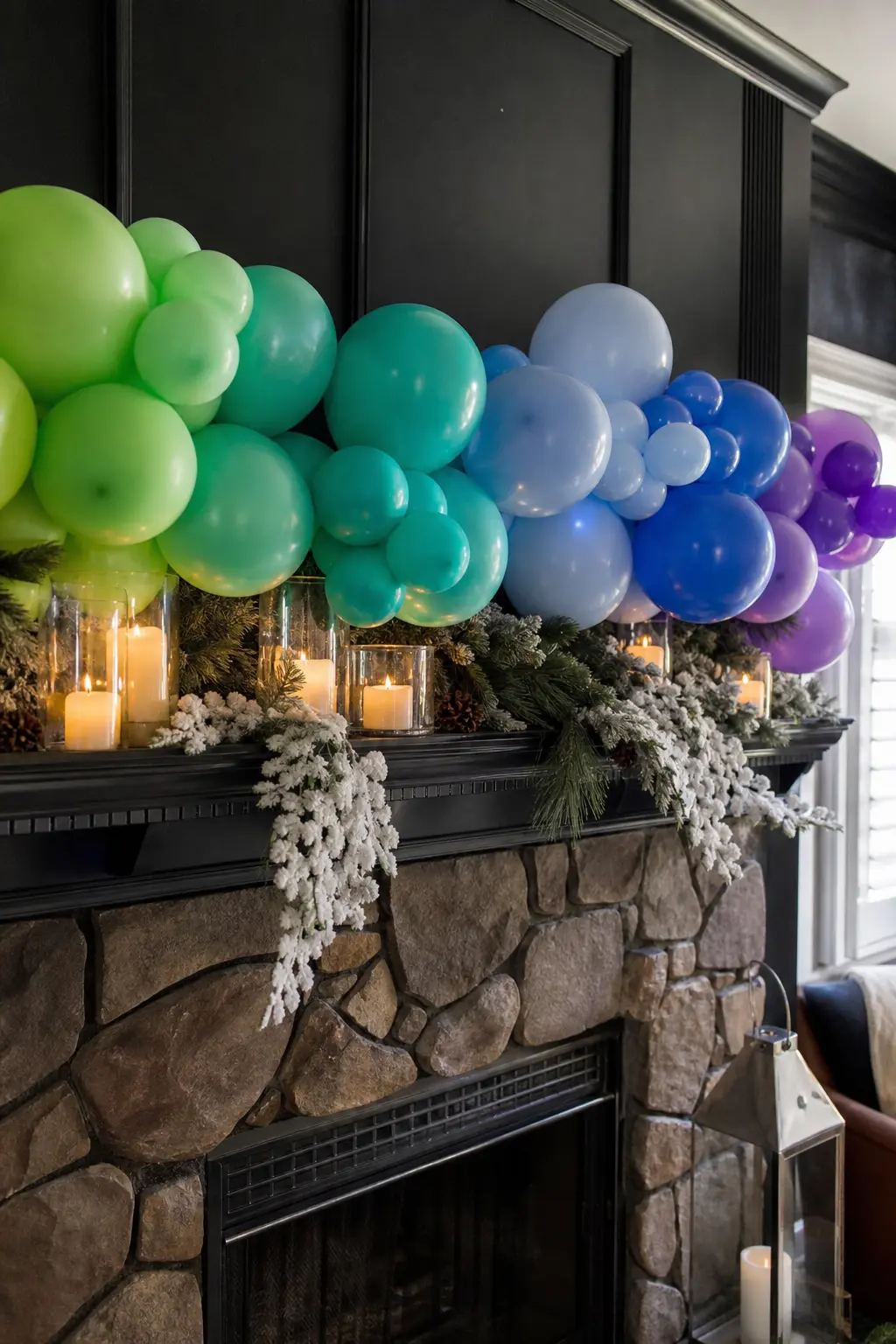 Cool Half Only Along a Winter Party Mantel — Green, teal, blue and violet, no warm colours at all. Rainbow balloon arch