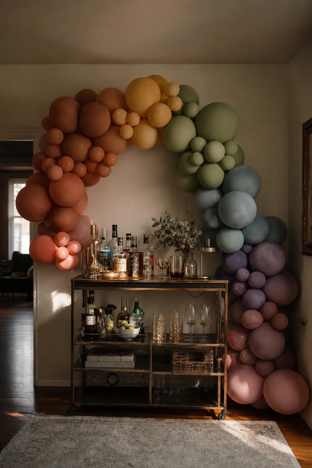 Dusty Rainbow Behind an Adult Birthday Bar — Muted, chalky versions of red, orange, yellow, green, blue and violet, desaturated enough that the colours read as
