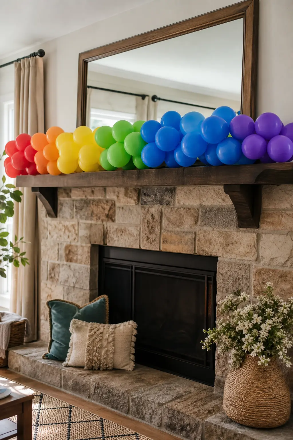 Full Spectrum Garland in One Balloon Size Along a Mantel — Every balloon inflated to the same diameter, the full spectrum run from one end of the mantelpiece