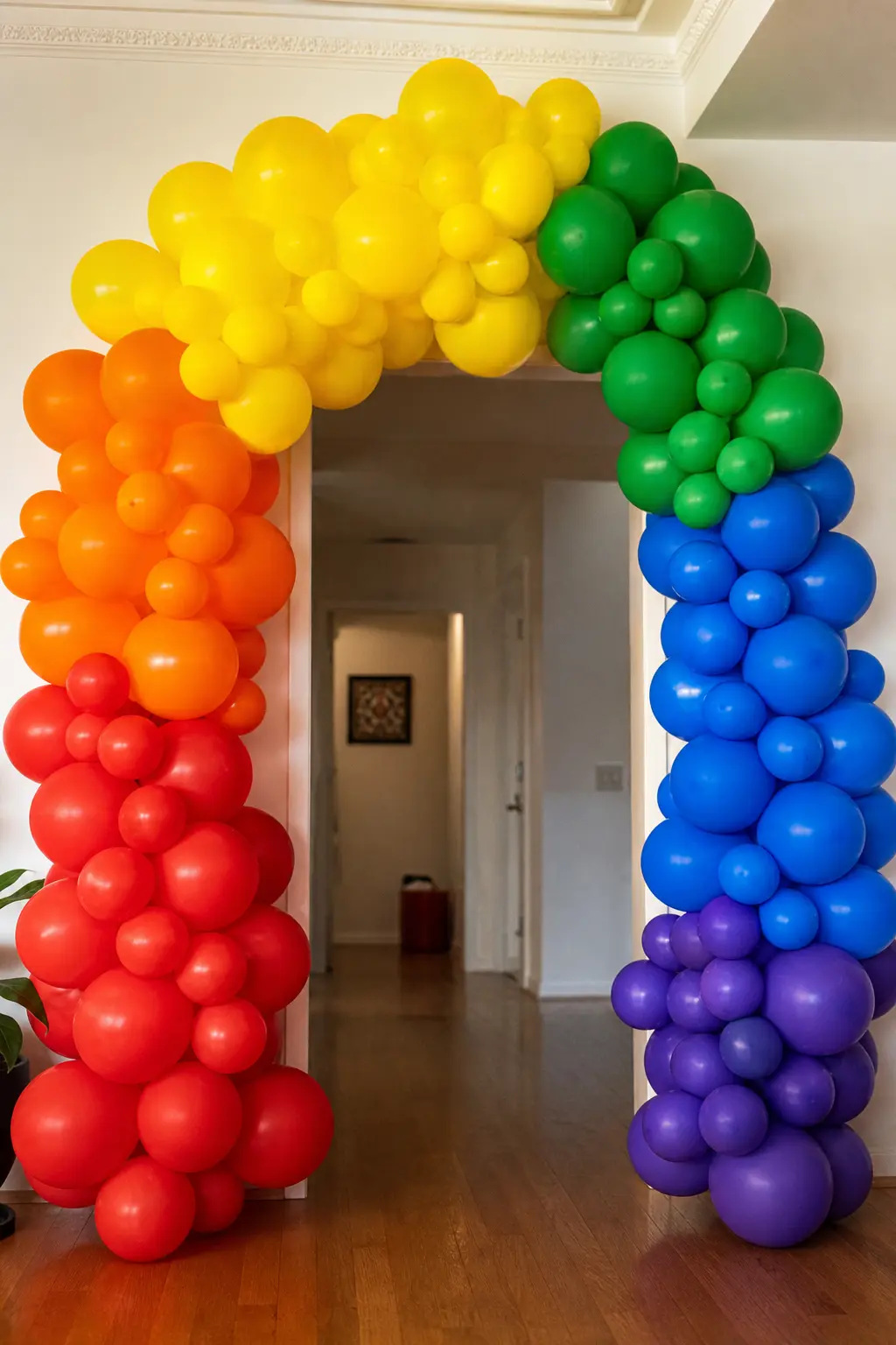 Full Spectrum Over a Children's Party Doorway — Six colour blocks in even widths, red through violet, installed as a tight arch over an interior doorway.