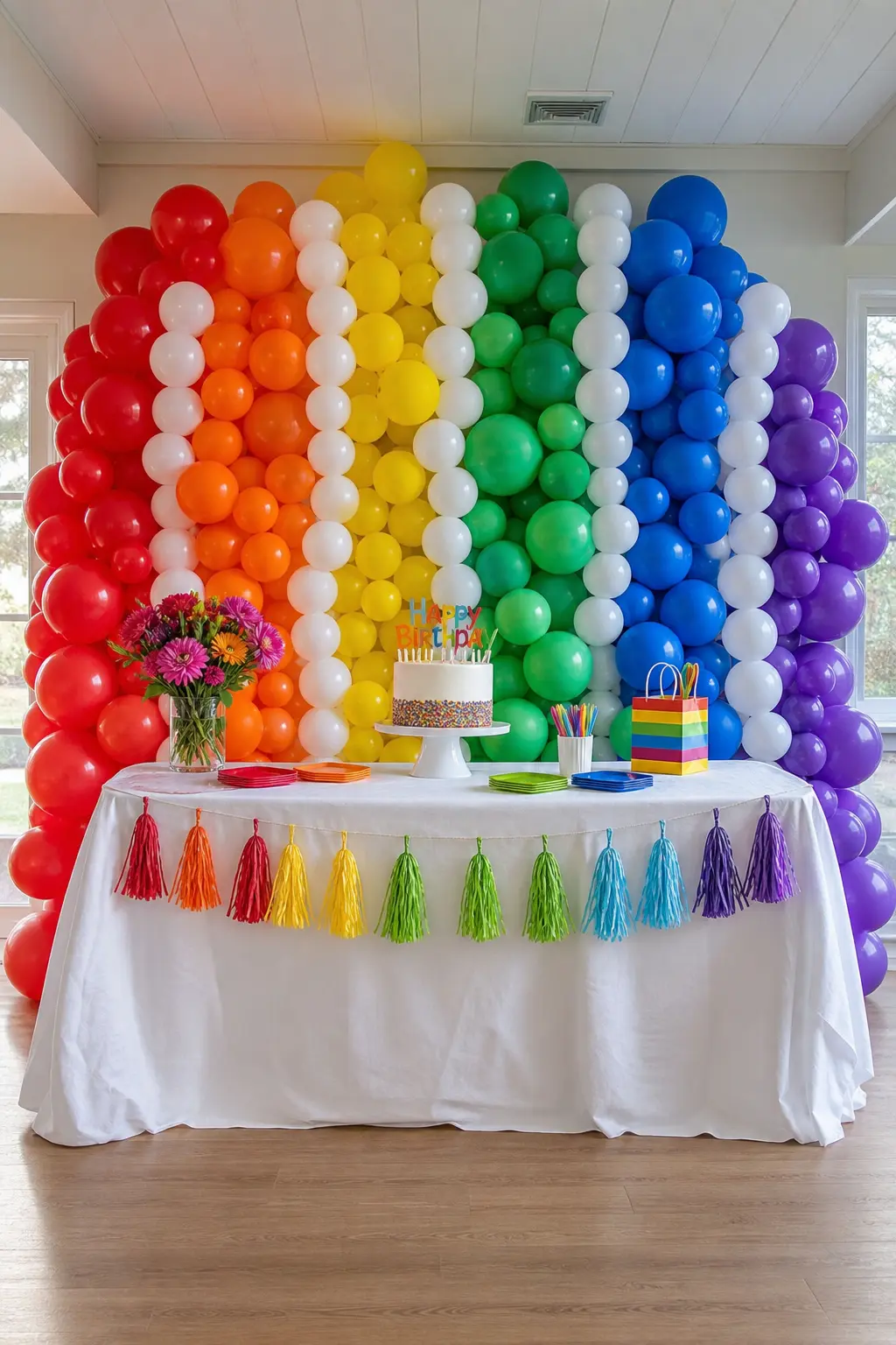 Full Spectrum With White Bands Behind a Cake Table — The same six-colour order as the classic spectrum, but a band of white balloons separates each colour from