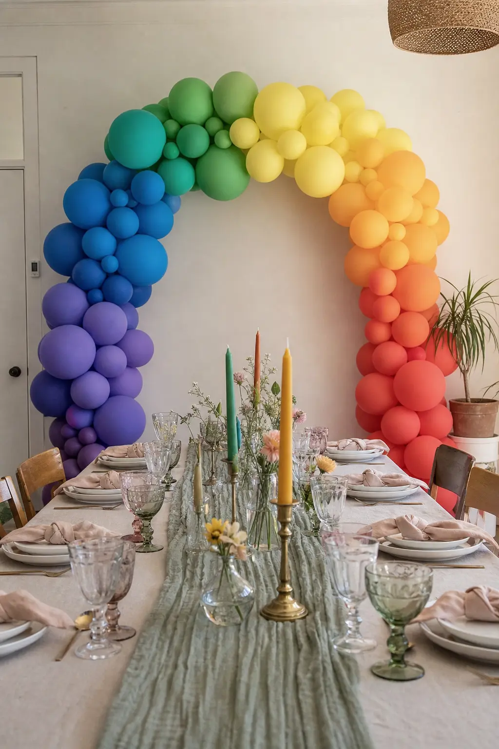 Matte Rainbow Arch Behind an Adult Dinner Table — Every balloon in the arch is matte latex, no gloss, no chrome, no metallic. Rainbow balloon arch
