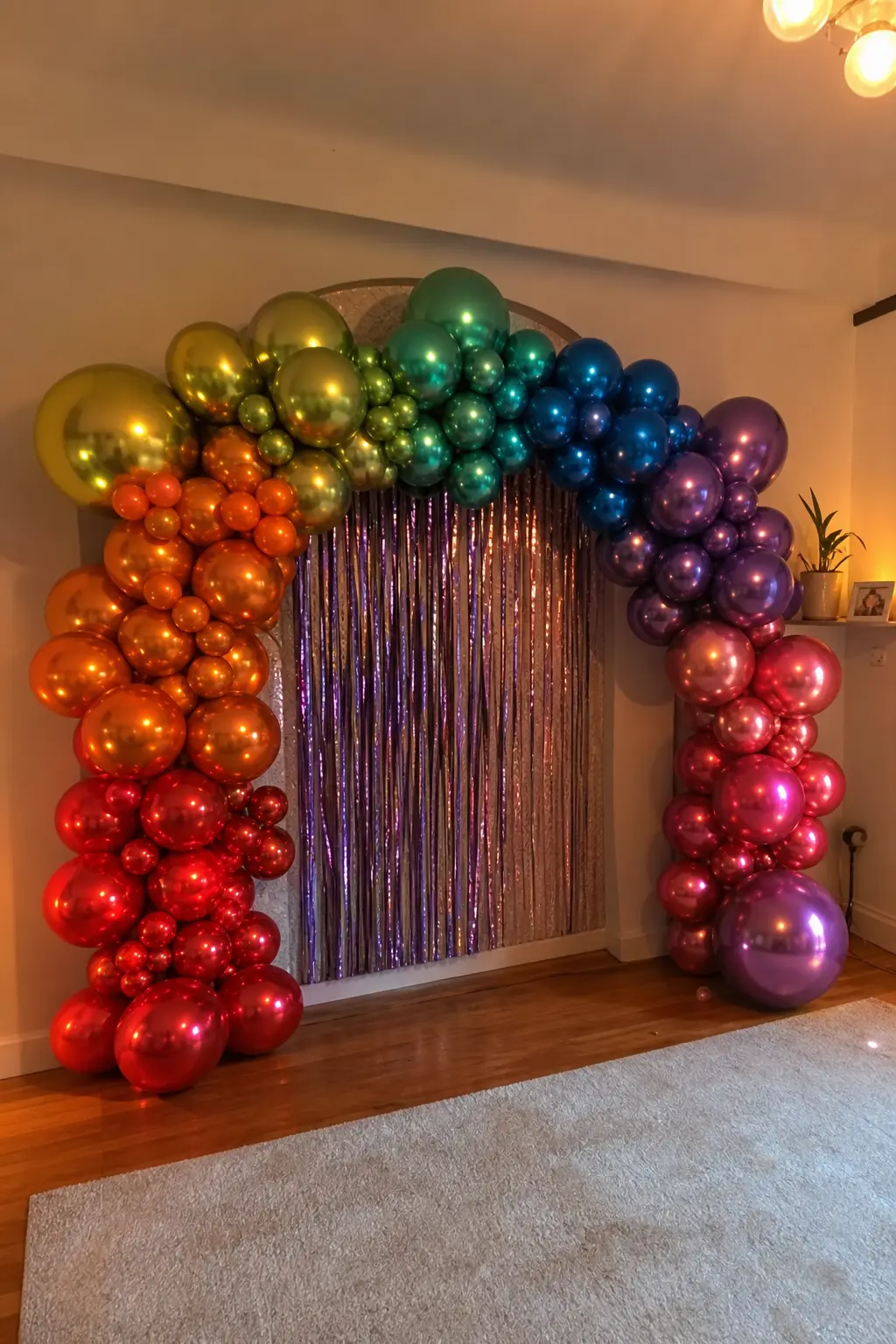 Metallic Spectrum Arch at an Evening Party Photo Corner — Chrome and metallic latex balloons in spectrum order, each one catching and throwing light