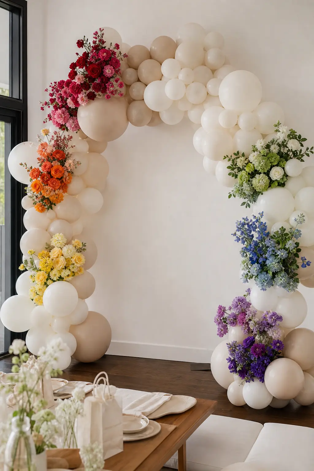 Neutral Balloon Arch With the Rainbow Only in the Flowers — The balloon arch itself is entirely white, cream and nude, and fresh or faux flowers in spectrum