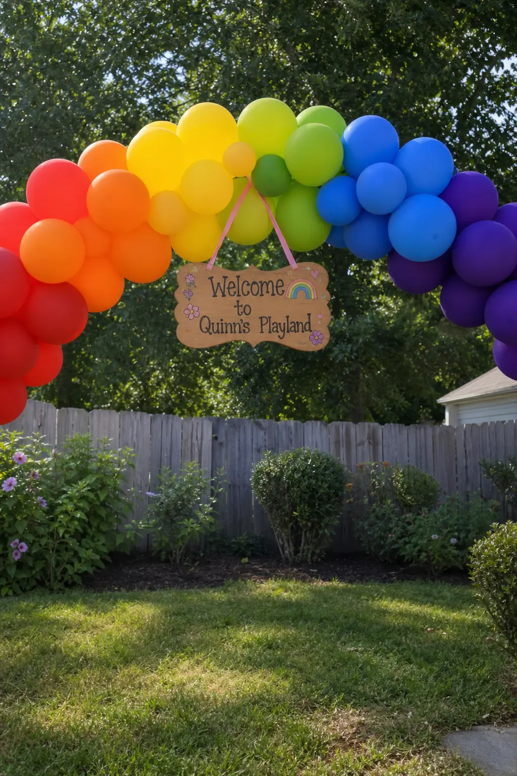 Rainbow Arc With a Hand-Lettered Sign Hung at the Top Point — A proper arc shape with a single hand-lettered sign, wooden or card, hung at the crown on a