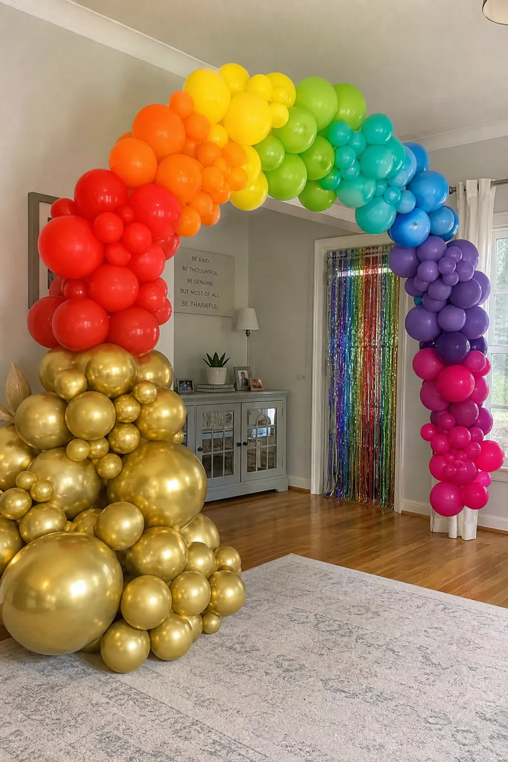 Rainbow Arch With a Gold Cluster at the Base for a Pot-of-Gold Party — The standard spectrum arch, and then at one or both base points, a tight cluster of gold