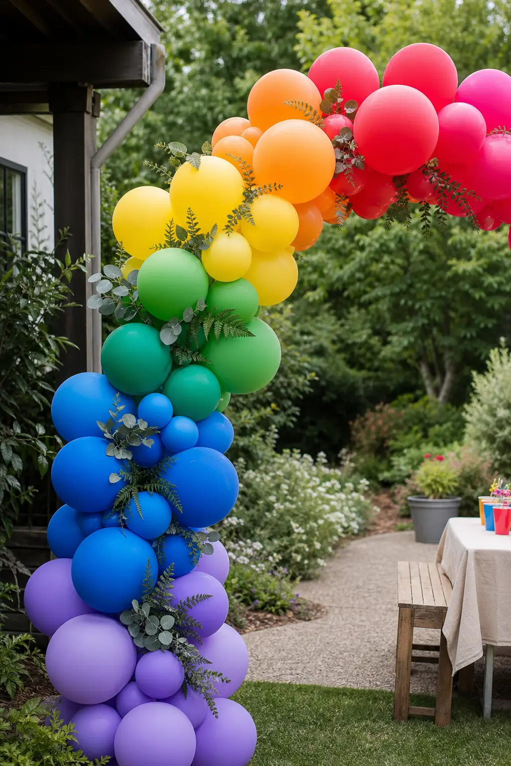 Rainbow Arch With Greenery Pushed In at a Garden Party — Stems of eucalyptus, fern or ivy pushed into the gaps between balloon clusters, breaking up the solid