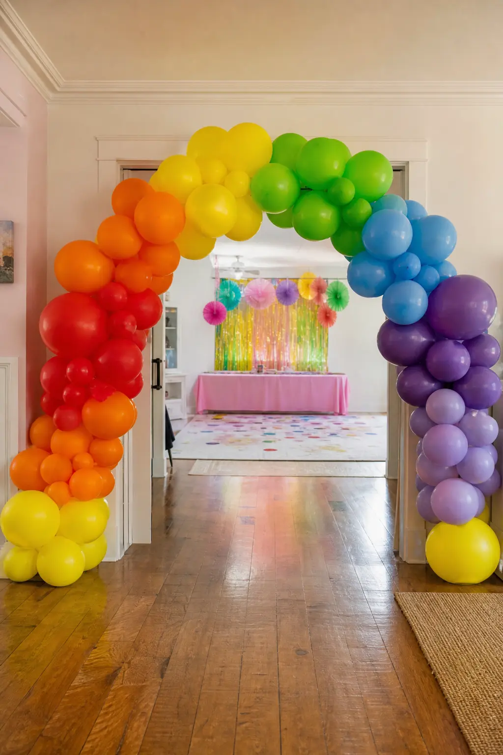 Rainbow Arch Over a Doorway Children Walk Through — The arch installed over the doorway to the party room, low enough that children walk through the colours on