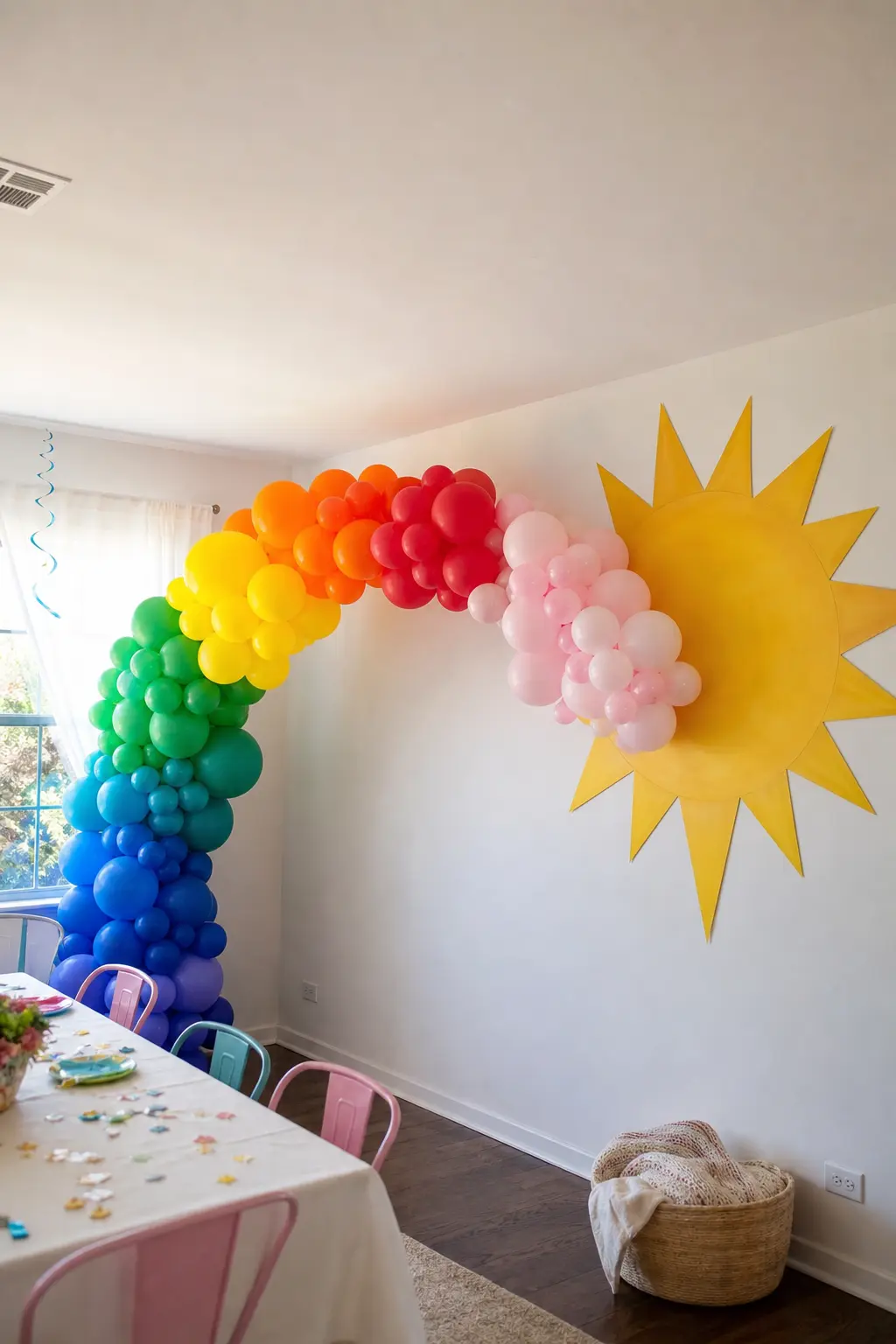 Rainbow Arch With a Painted Sun at One End for a Nursery Party — The arch begins at the red end with a large painted paper or card sun fixed to the wall or a