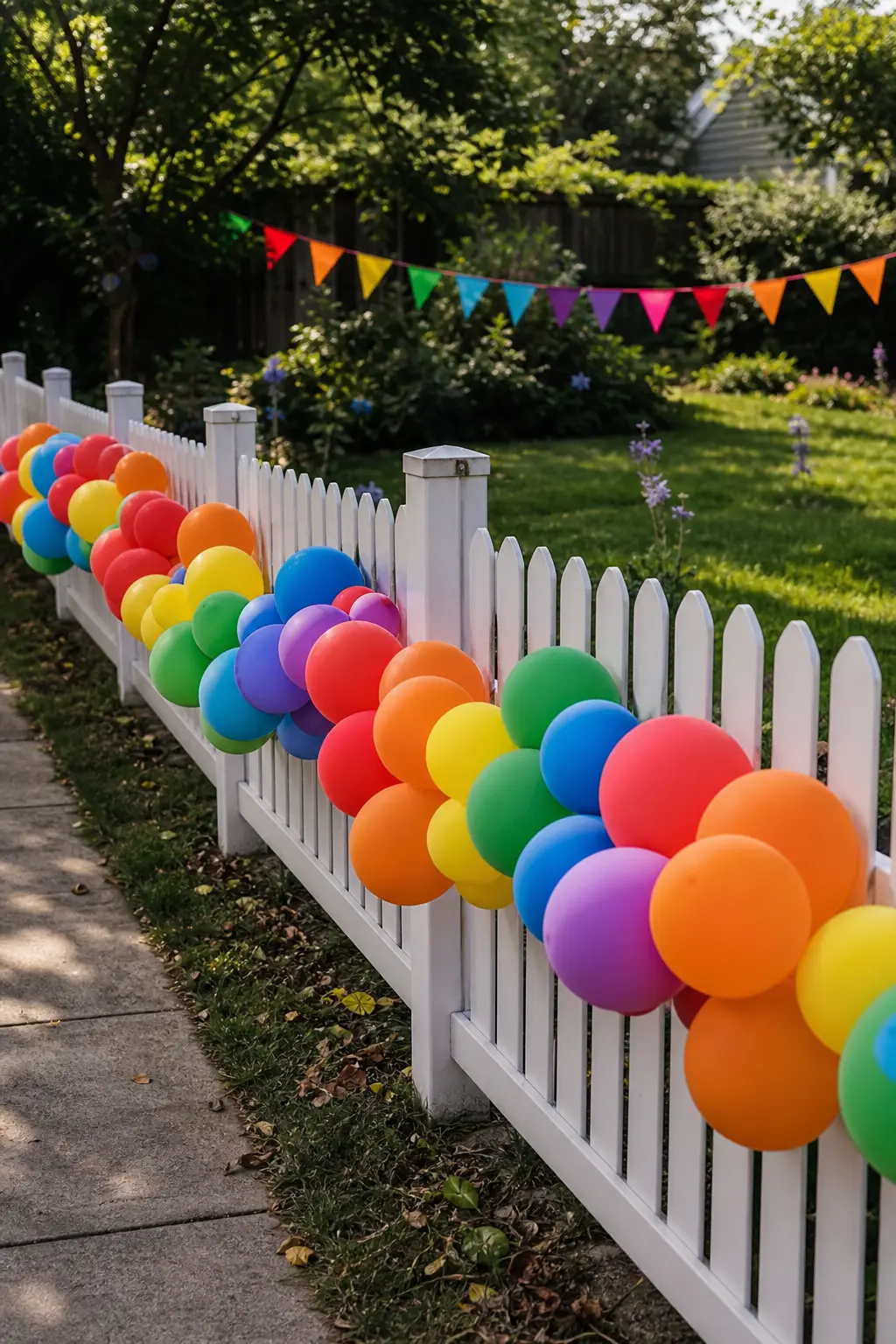 Rainbow Garland Along a Garden Fence With Bunting Behind — The garland is attached to a garden fence or picket line, the spectrum running from one post to the