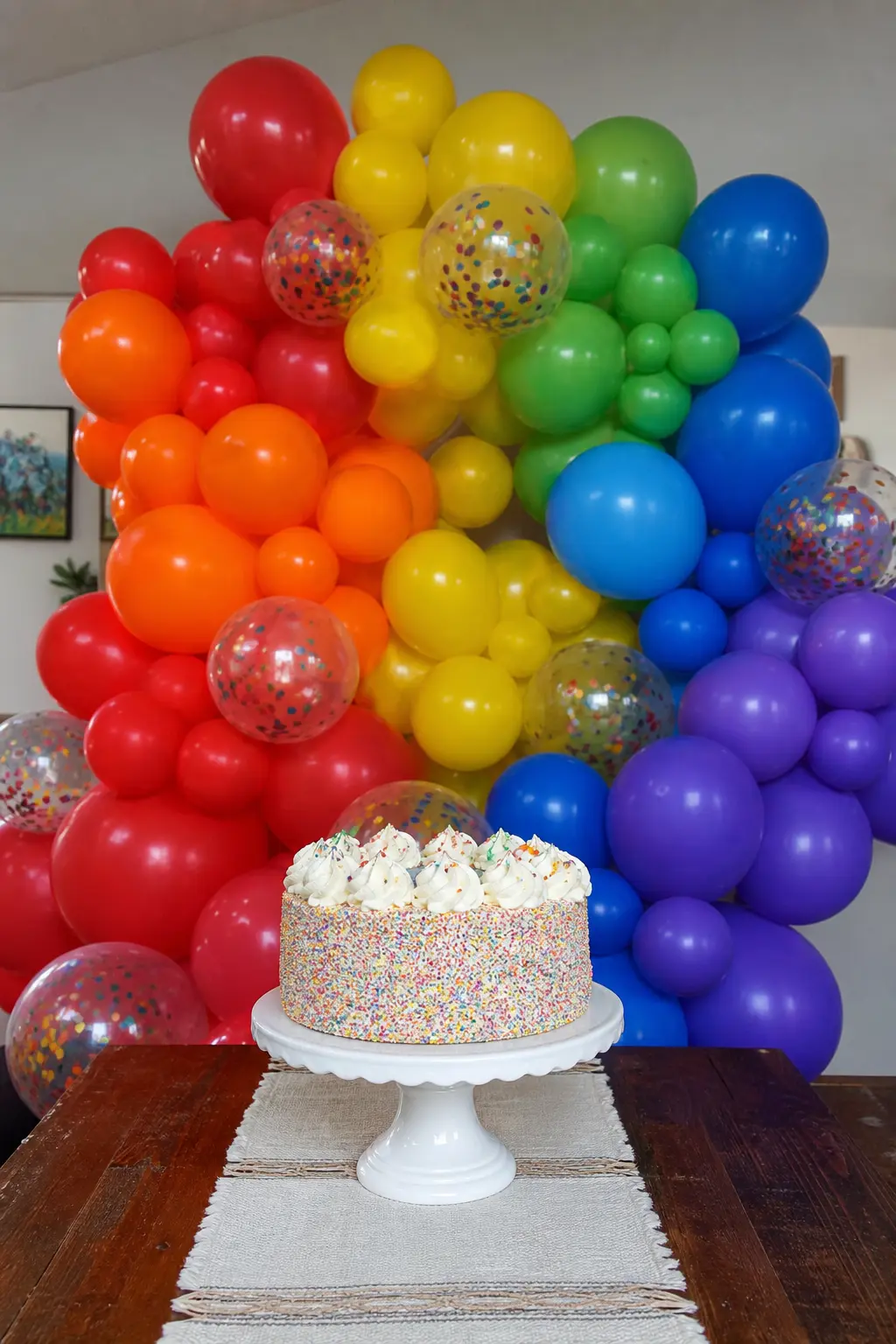 Rainbow Garland With Confetti Balloons in Each Band Behind a Cake — Within each colour band, one or two clear latex balloons filled with confetti in that