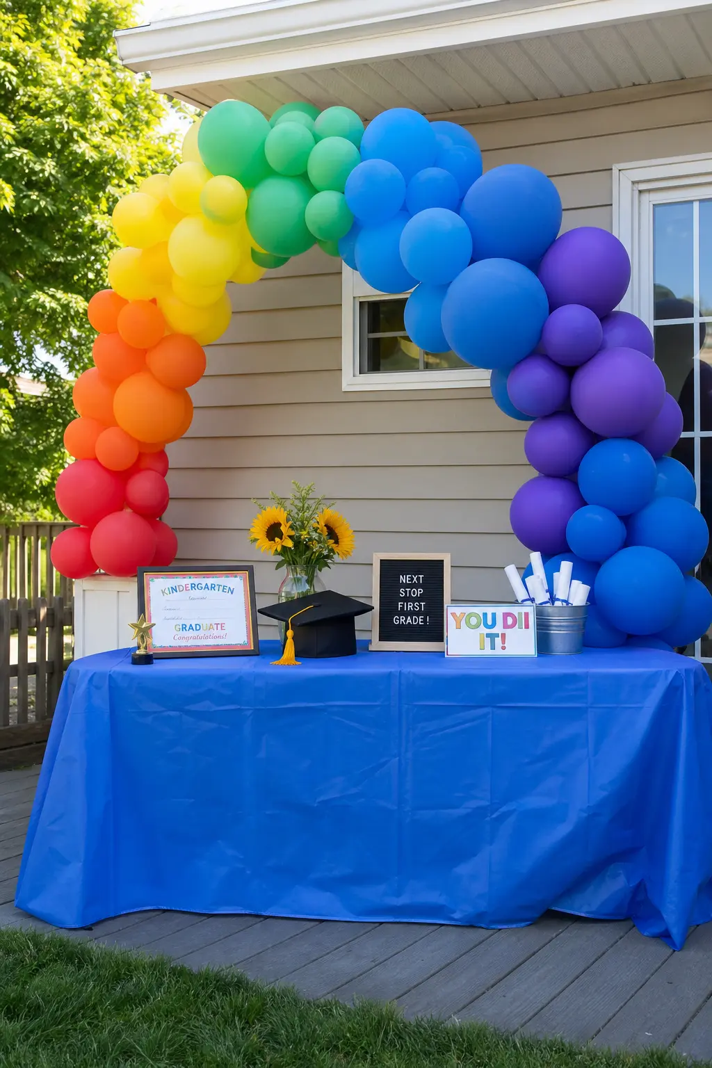 Rainbow in Graduated Block Widths Behind a Graduation Table — The colour blocks are not equal: violet is narrowest, each colour gets slightly wider as the