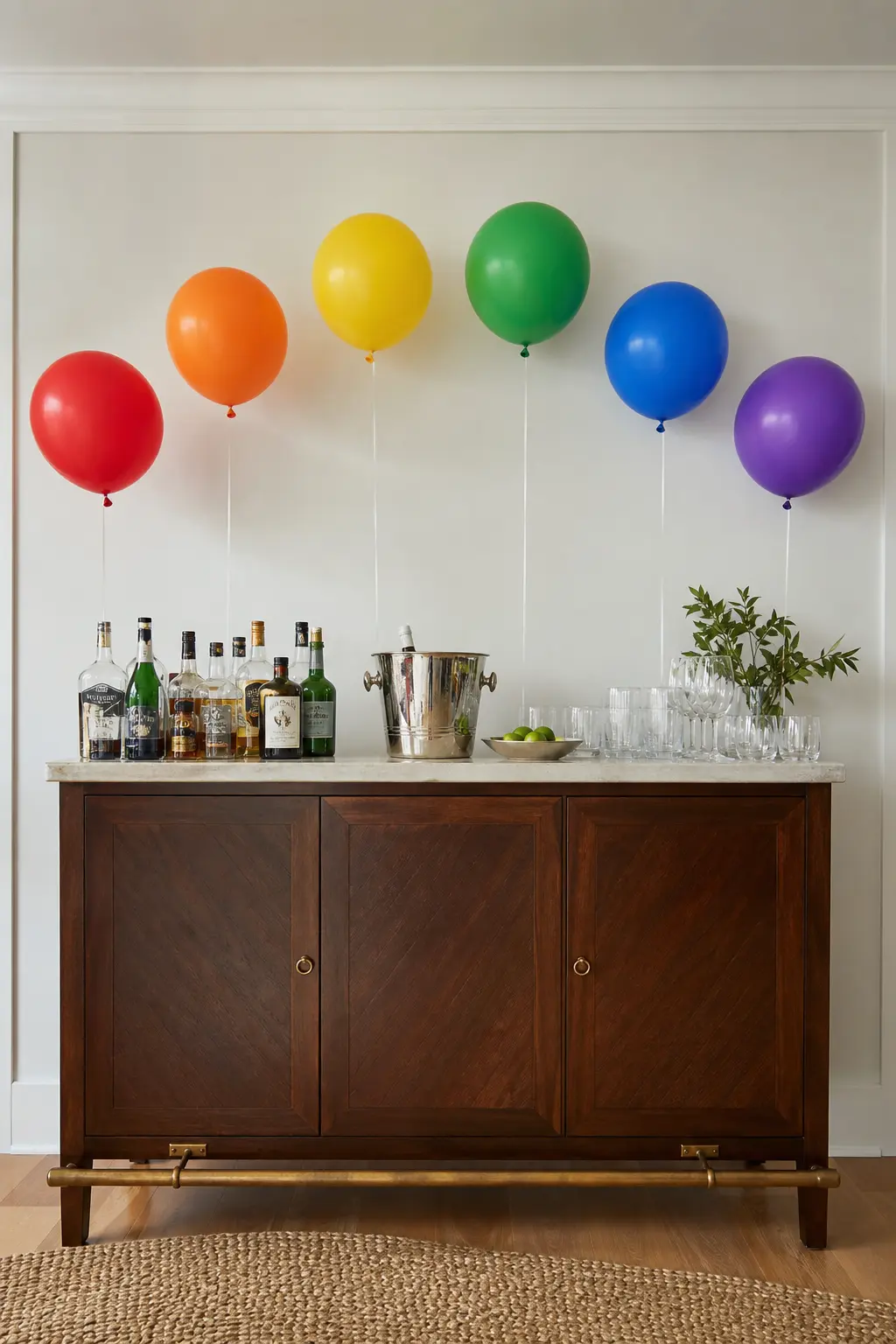 Rainbow With One Large Balloon Per Colour Over a Bar — Six large balloons, one per colour, each around 36 inches, arranged in spectrum order in a loose arch or