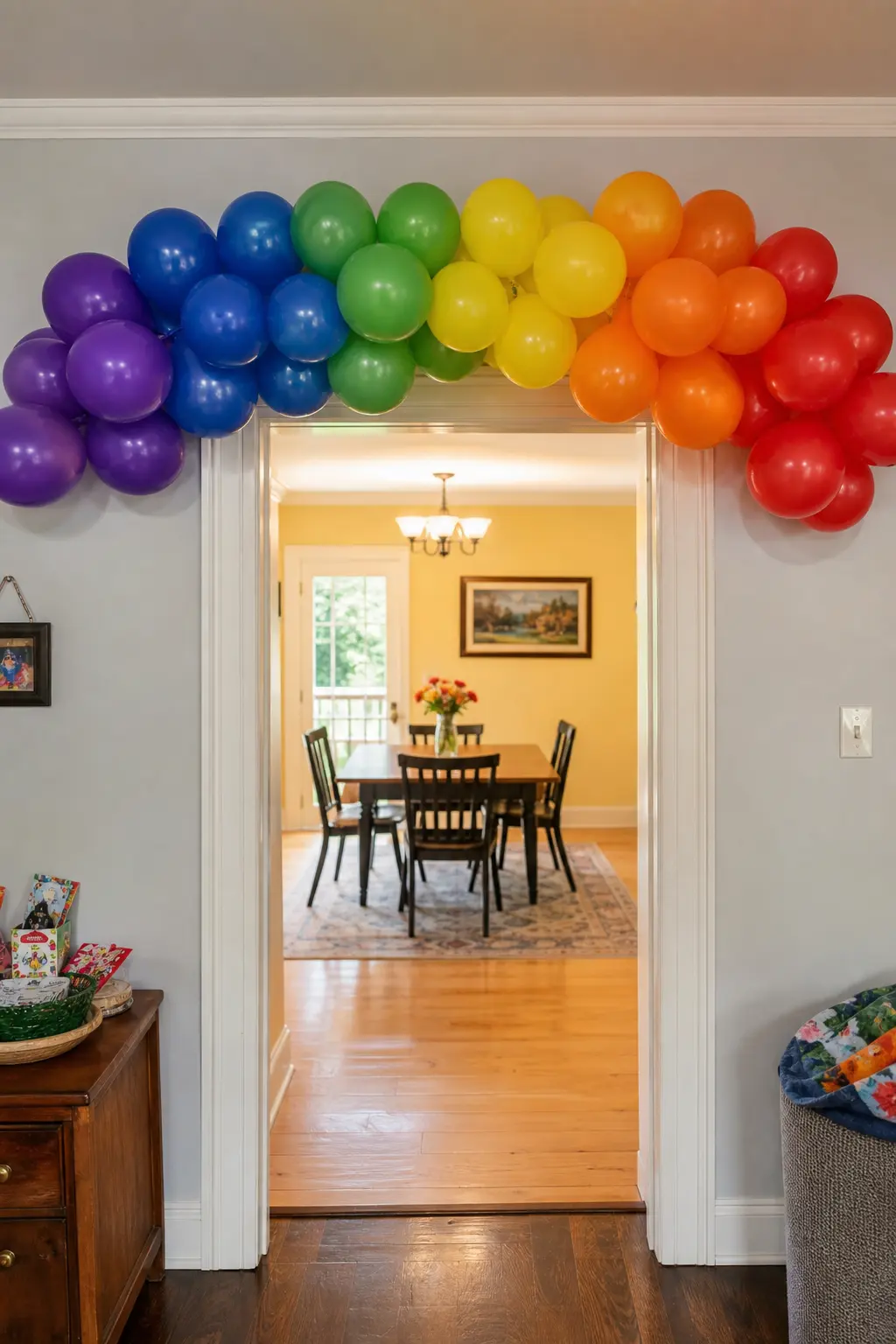 Reversed Spectrum With Violet Leading Over a Doorway — Violet on the left, indigo, blue, green, yellow, orange, red on the right. Rainbow balloon arch