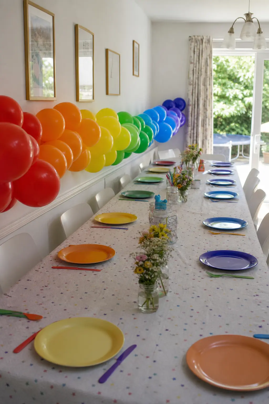 Straight Garland in Rainbow Order Along a Long Lunch Table — A completely straight garland, no curve, running the full length of a long dining table either