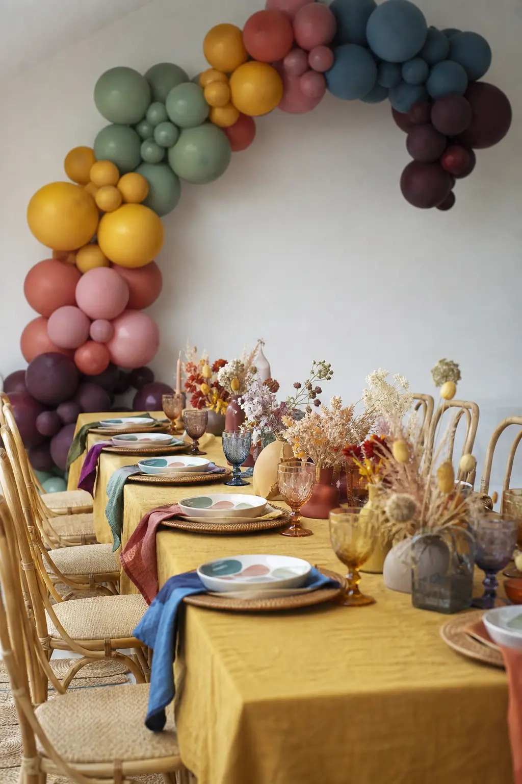 Terracotta, Mustard, Sage, Denim and Plum Along a Boho Party Table — Five colours chosen from the earthy, saturated-but-warm side of the spectrum, arranged in