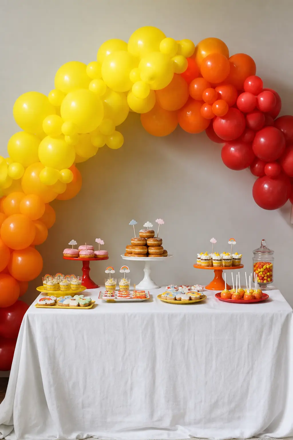 Three-Colour Partial Rainbow Behind a Dessert Table — Just three colours from the spectrum, yellow through orange to red, or green through teal to blue