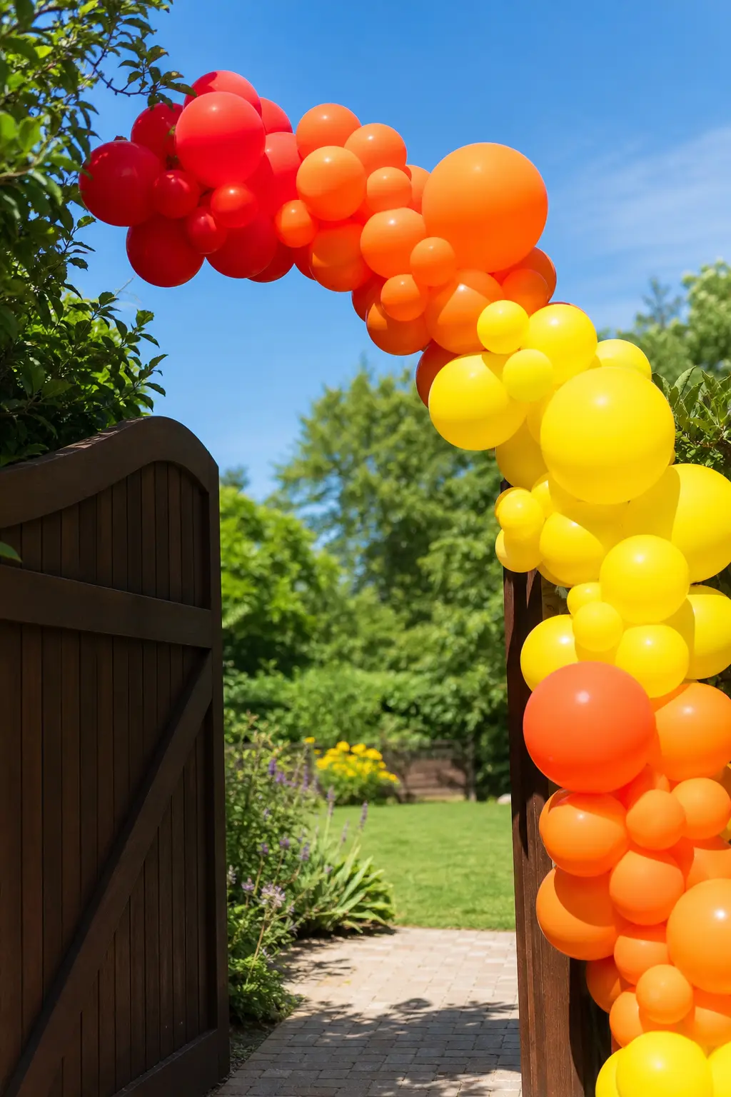 Warm Half Only Over a Summer Party Gate — Red, orange and yellow only, no green, no blue, no violet. Rainbow balloon arch