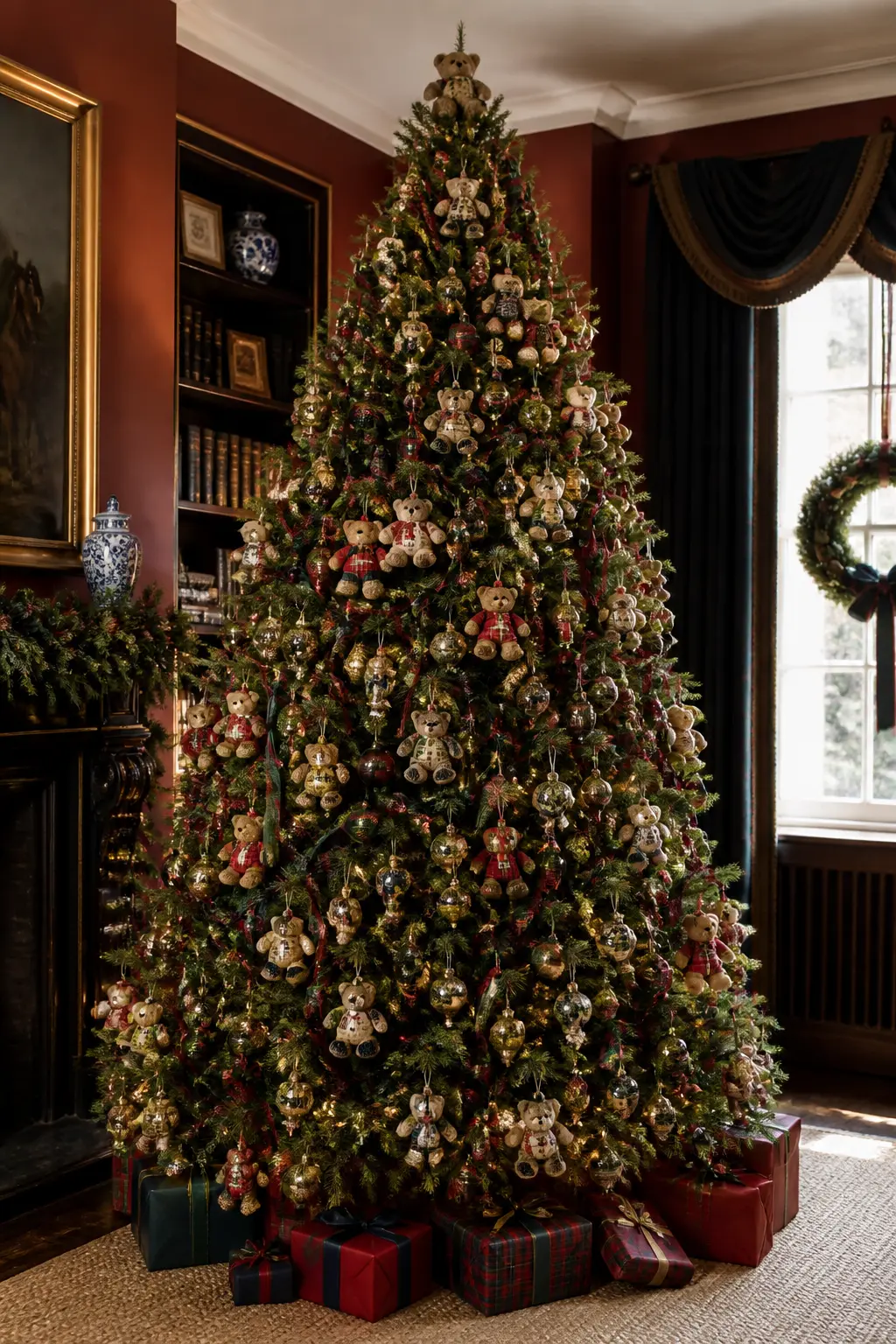 The Bear and Heirloom Curiosity Tree — The collector's tree is one of the signature moves of this aesthetic: a tree that looks as though the ornaments were
