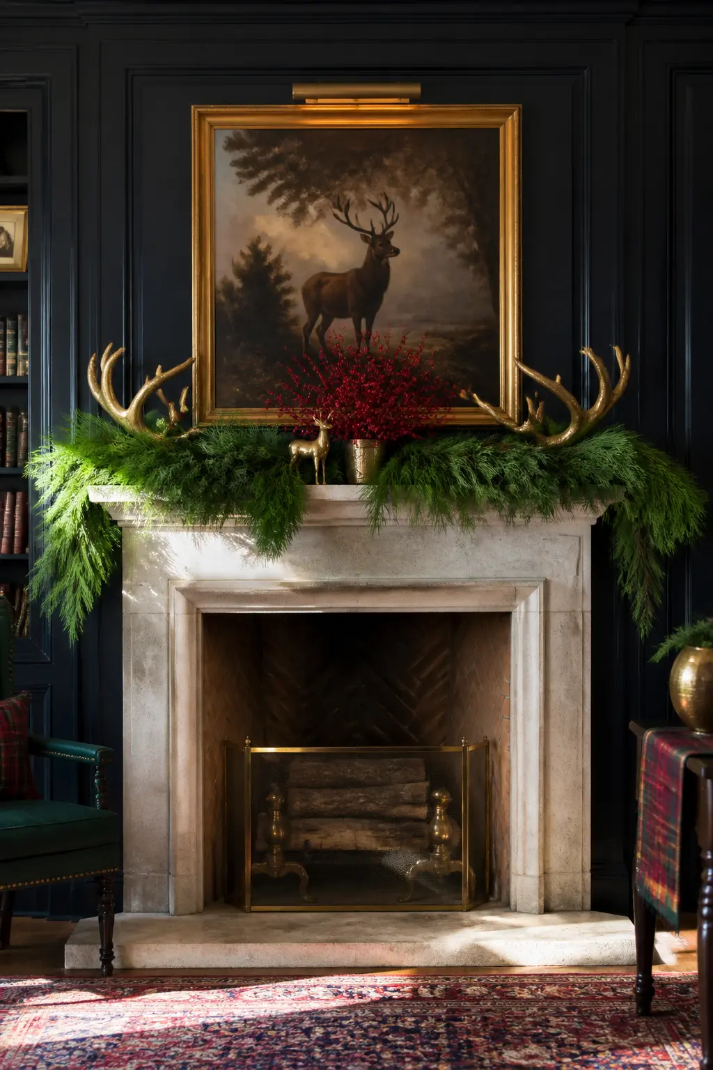The Brass and Antler Mantel Display — A pair of brass or gold-painted antler sculpture pieces flanking the garland is unmistakably from this world. Ralph