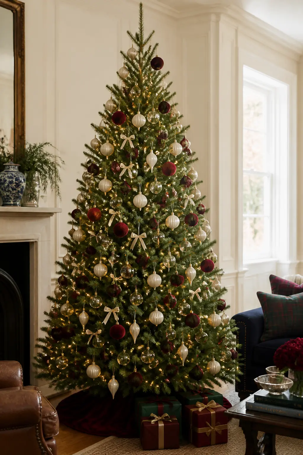 The Burgundy and Cream Restrained Tree — For a room already carrying a lot of colour, this version pairs burgundy with cream and lets the greenery breathe.