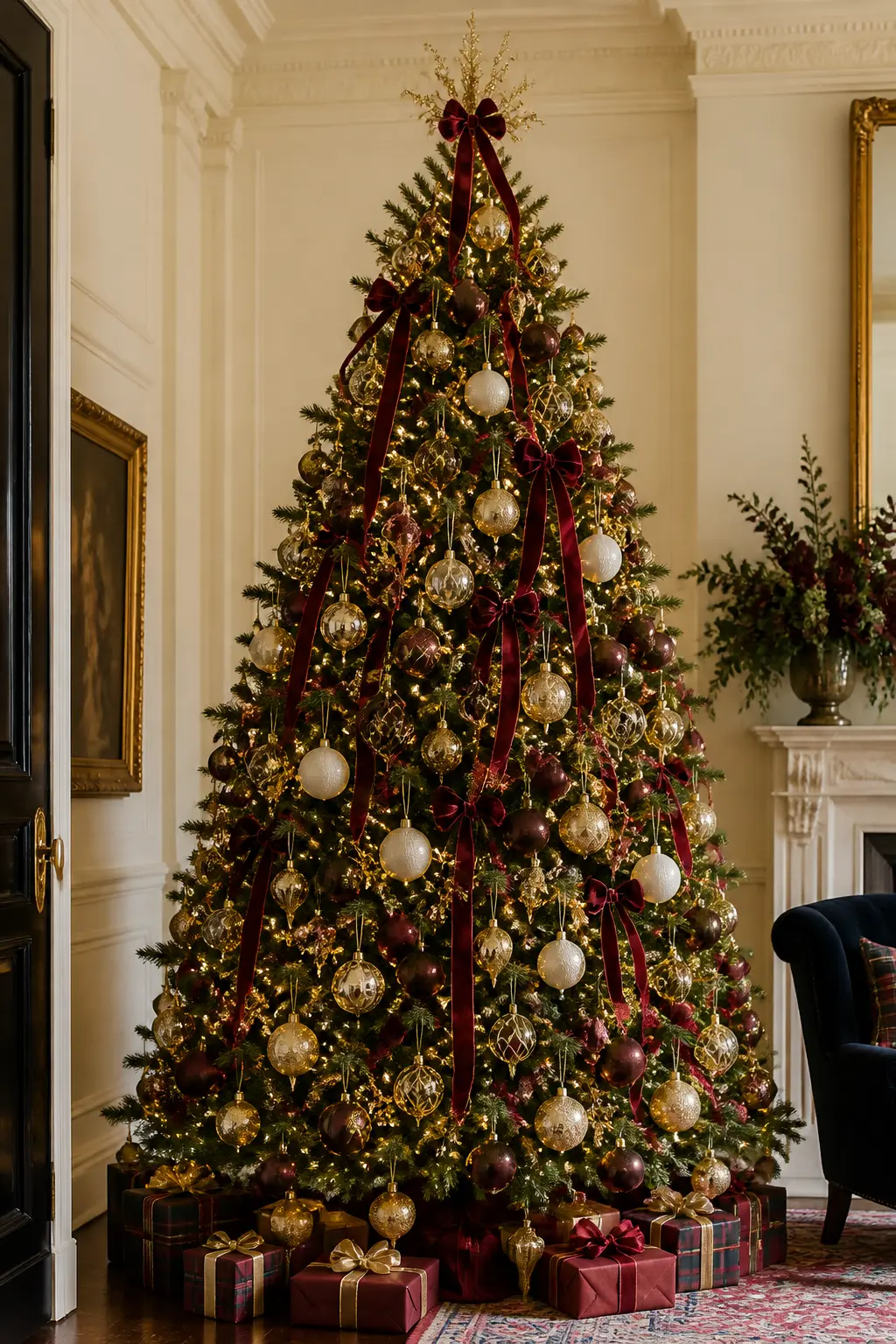 The Burgundy Velvet and Gold Glitter Tree — Start with a full, dense tree and push every ornament into one of three finishes: burgundy velvet balls, gold