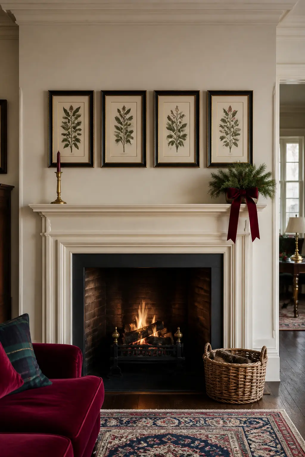The Framed Print Gallery Wall Behind the Fireplace — Frame three or four inexpensive equestrian or botanical prints in matching dark wood or gilt frames, and