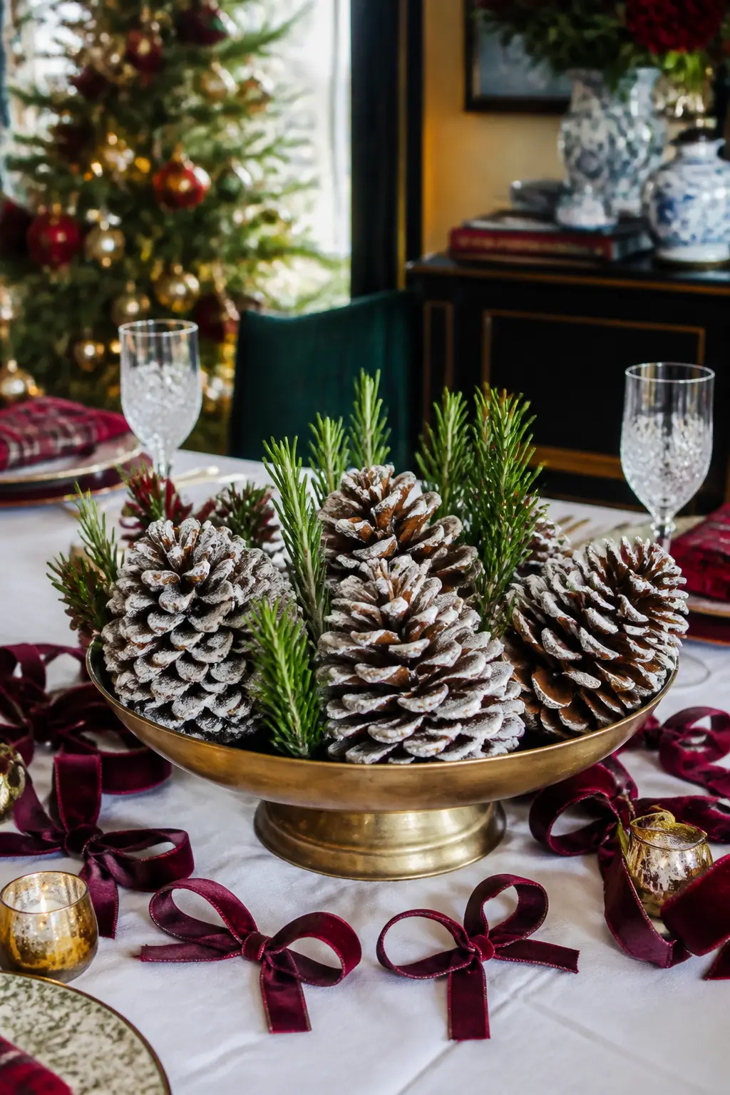 The Frosted Pine Cone Centrepiece — Fill a wide, low brass or dark wood bowl with large pine cones that have been lightly brushed with white craft paint on the