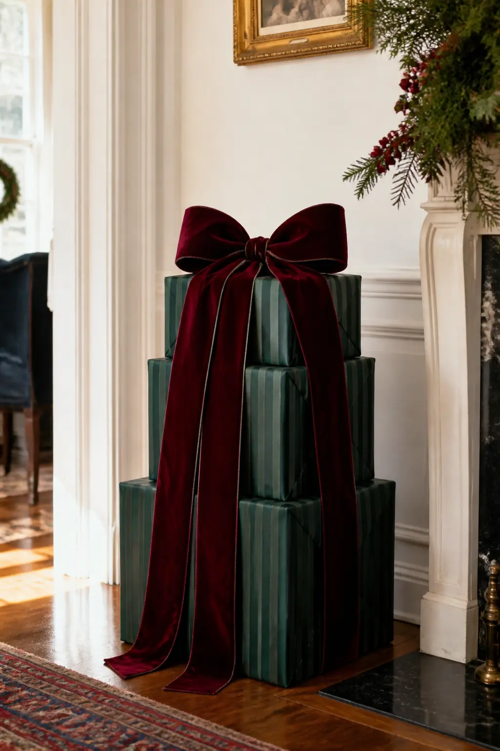 The Gift-Stack Velvet Bow Tower — Stack three identically sized boxes wrapped in the same paper (deep green stripe, navy solid, or kraft with a tartan