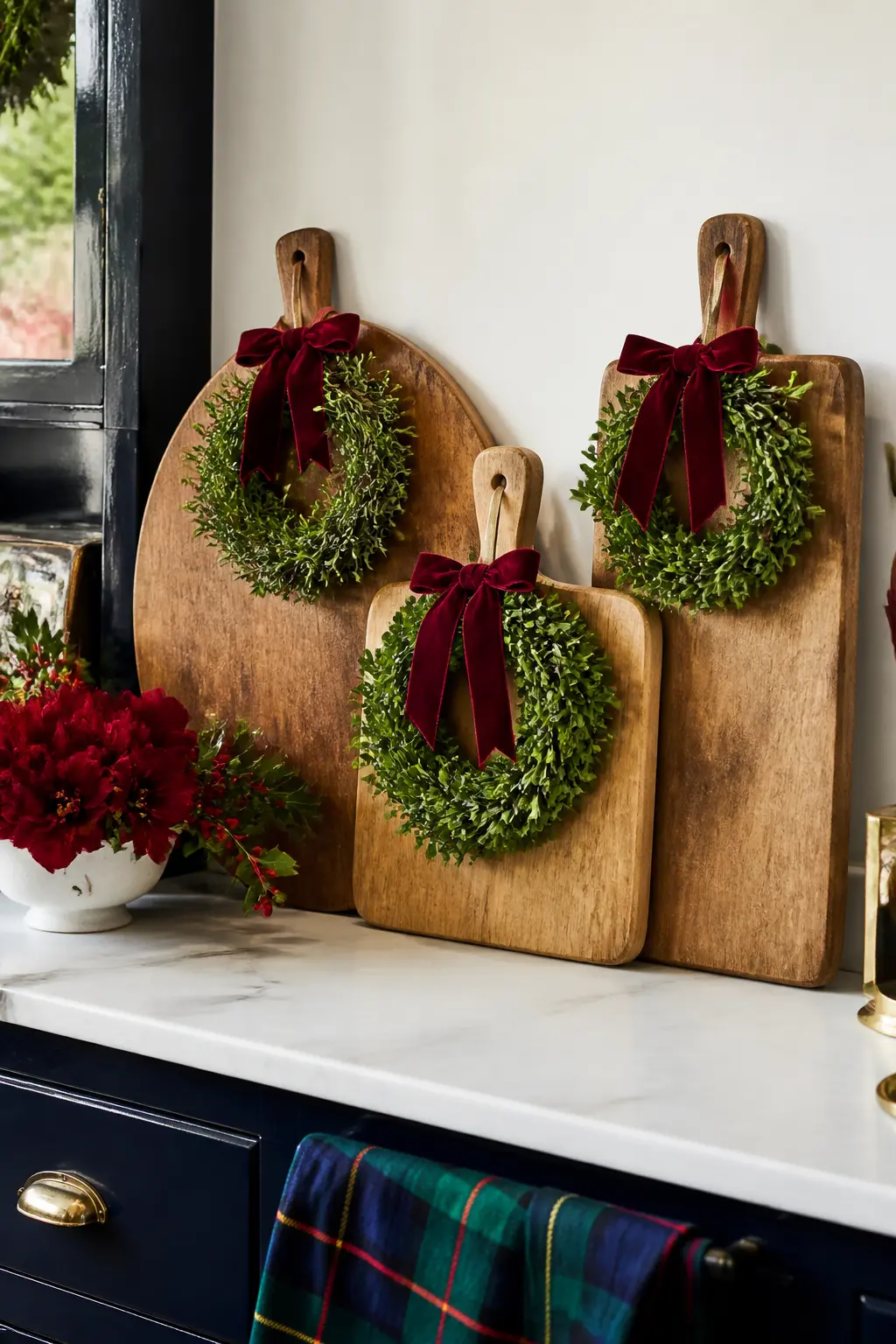 The Kitchen Cutting Board Gallery With Herb Wreaths — Lean two or three large wood cutting boards of different shapes (one long paddle, one round, one