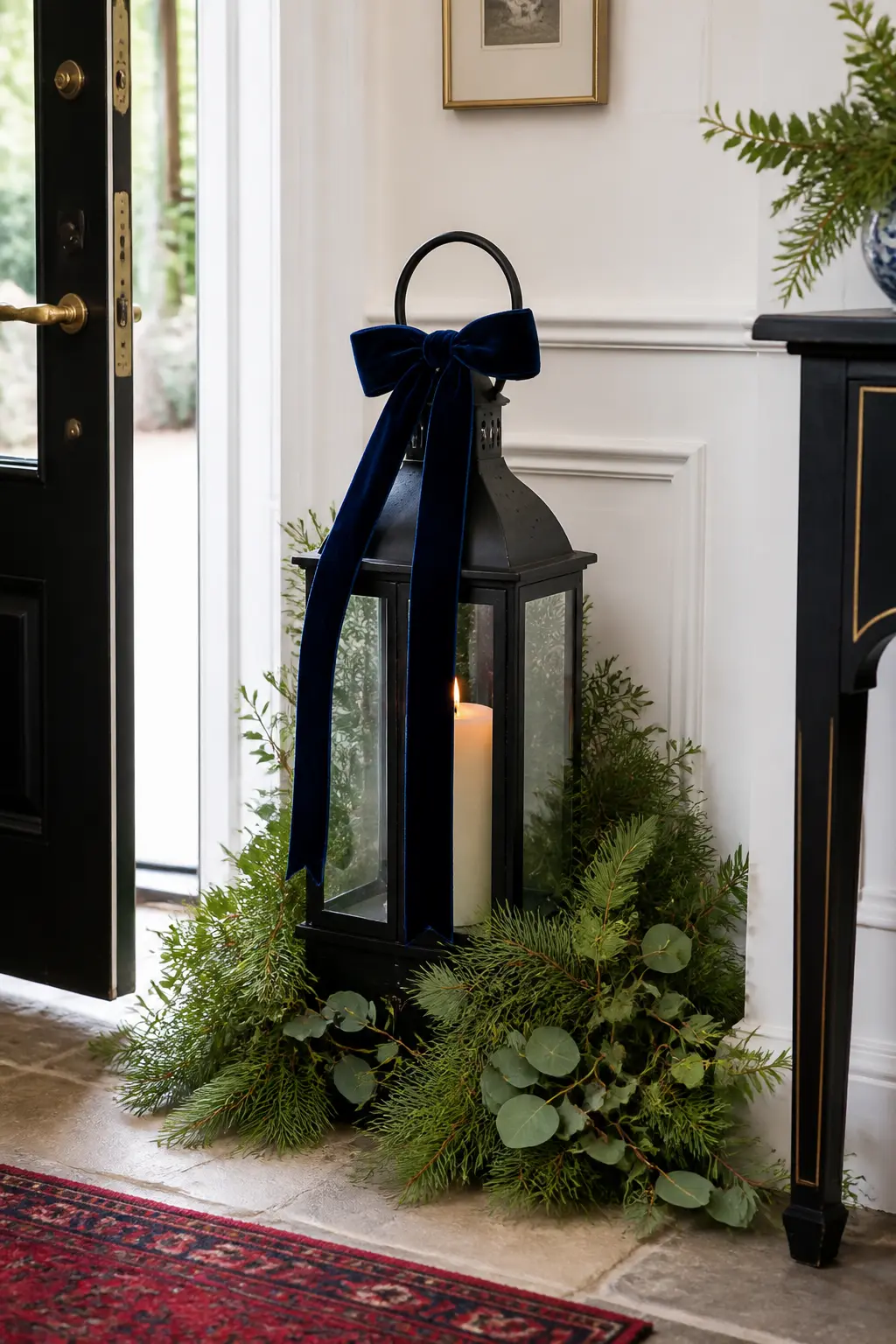 The Lantern and Greenery Entry Corner — In the corner just inside the front door, place one large floor lantern (black, brass, or dark bronze) holding a pillar