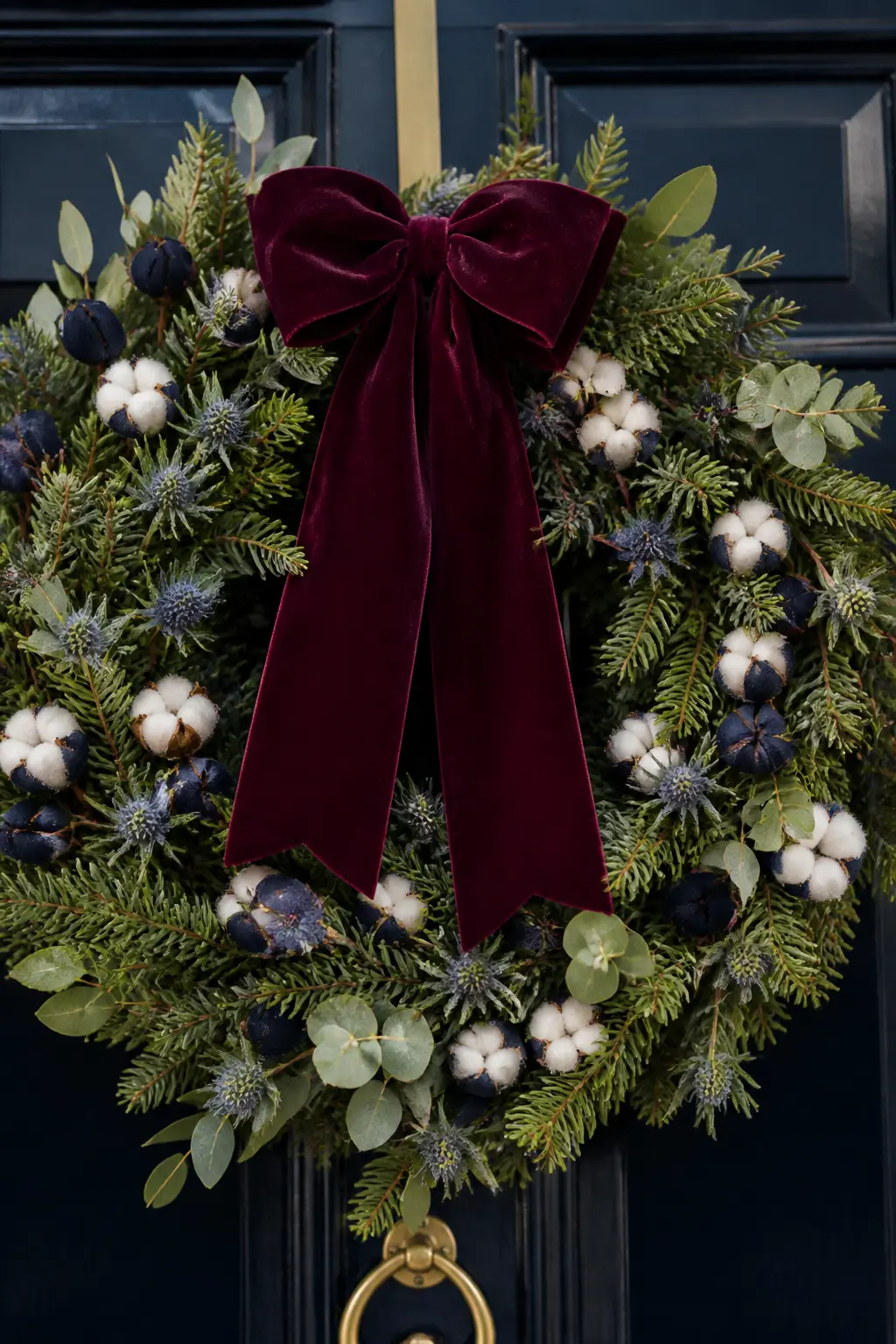 The Navy Door Wreath With Velvet Bow — Start with a full wreath in classic mixed greenery (pine, cedar, eucalyptus) and push a few stems of navy-dyed dried