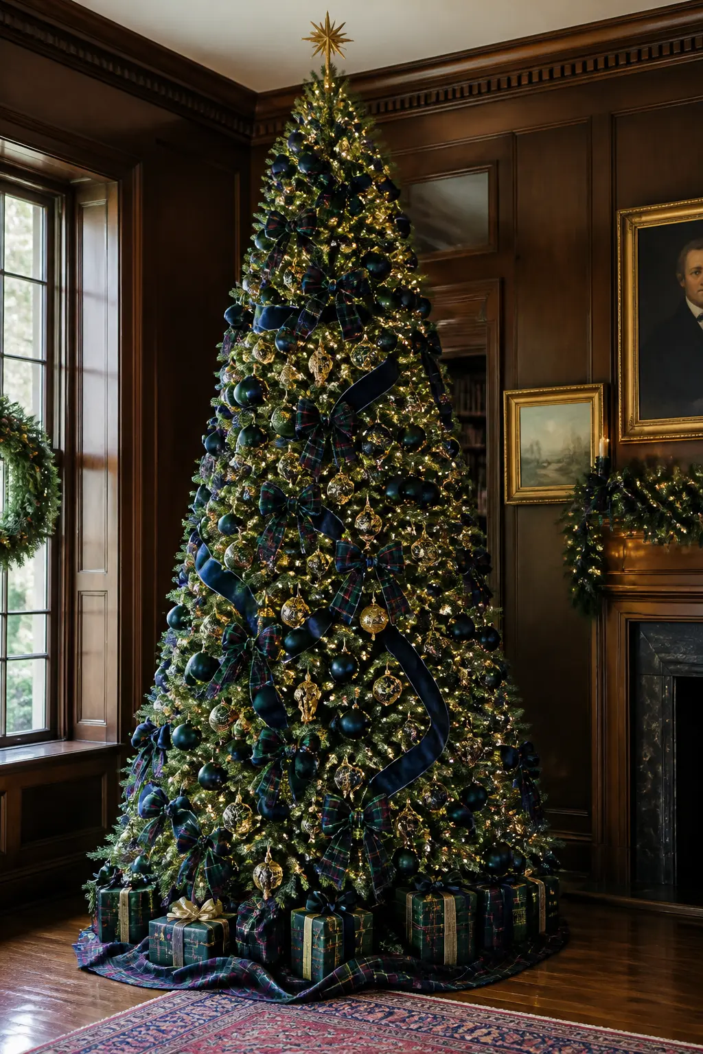 The Navy and Emerald Jewel-Tone Tree — This tree works in a room with dark walls or warm wood panelling, where navy and emerald will read as jewels rather than