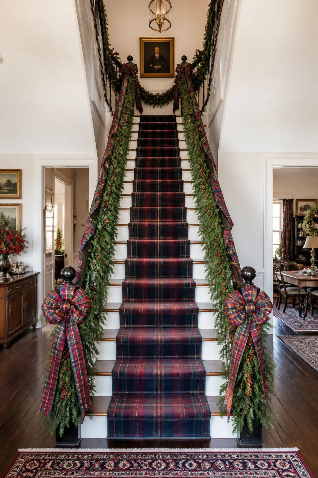 The Plaid Ribbon and Greenery Stair Garland — Zip-tie a faux greenery garland to the stair banister at three points, then drape it loosely so it swags between