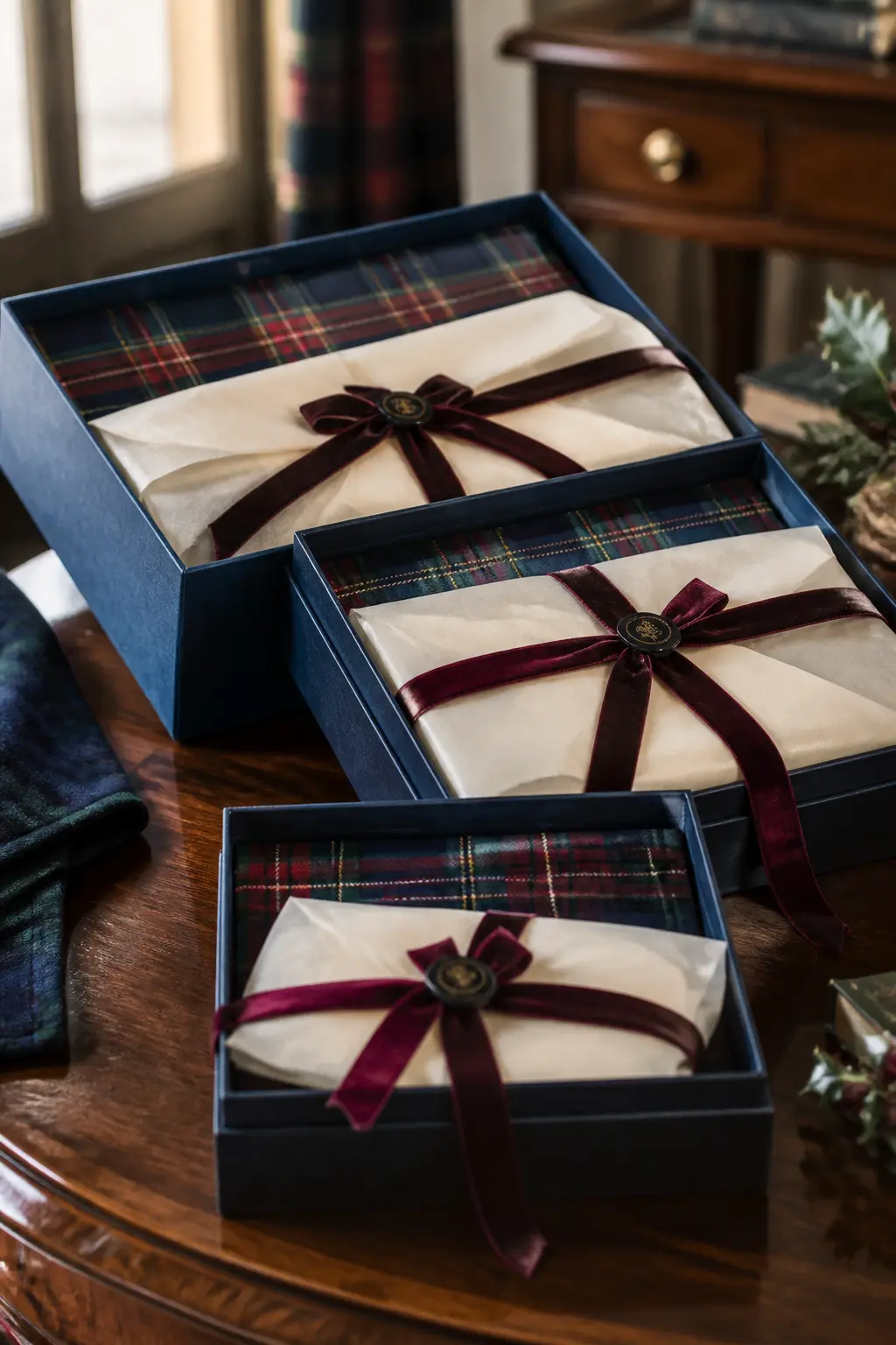 The Plaid-Lined Gift Box — A plain white or navy gift box becomes something else entirely when the inside is lined with a square of tartan fabric before the