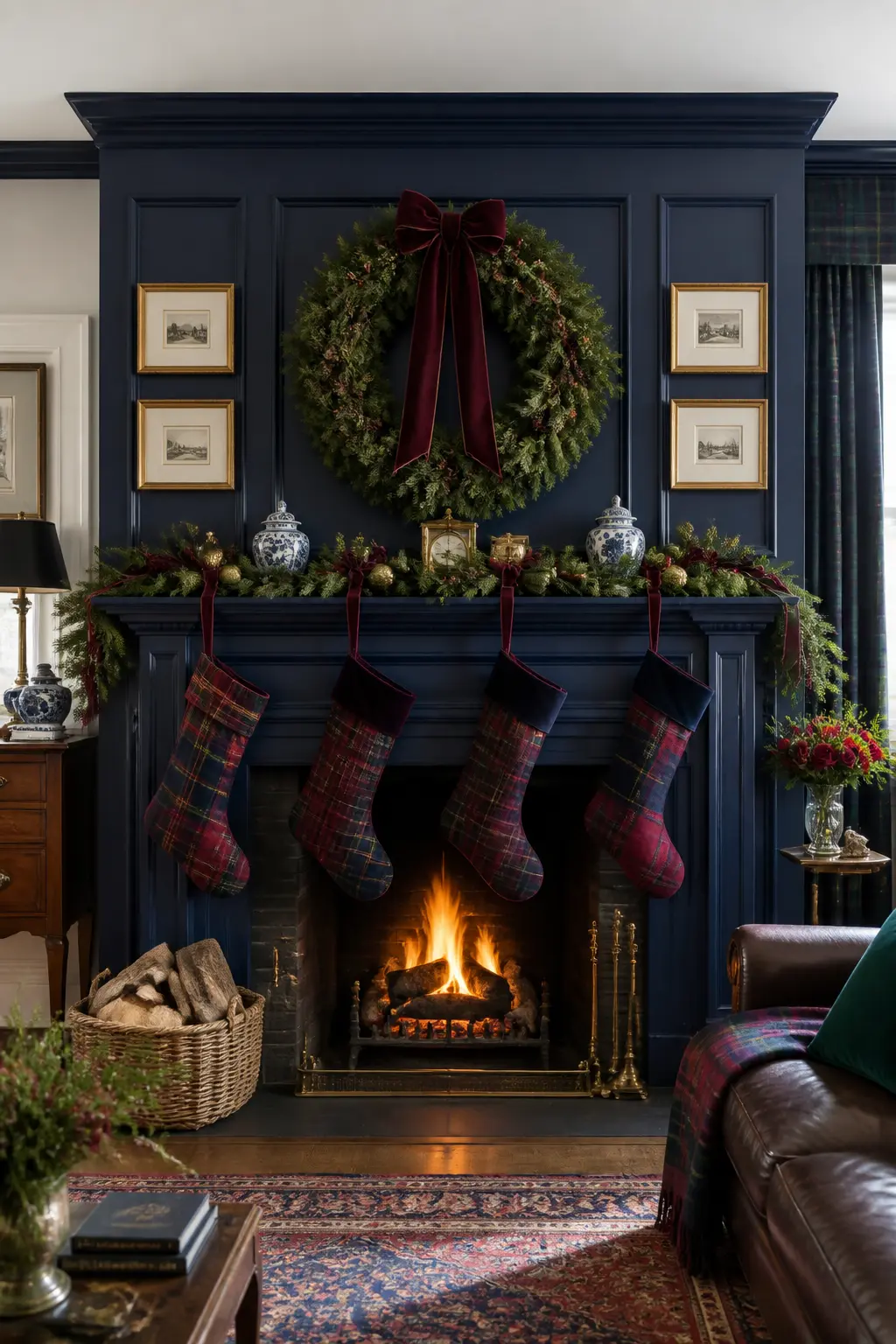 The Plaid-Stockings Fireplace Wall — Hang four or five tartan stockings in navy and burgundy plaid from the mantel using wide velvet ribbon loops rather than