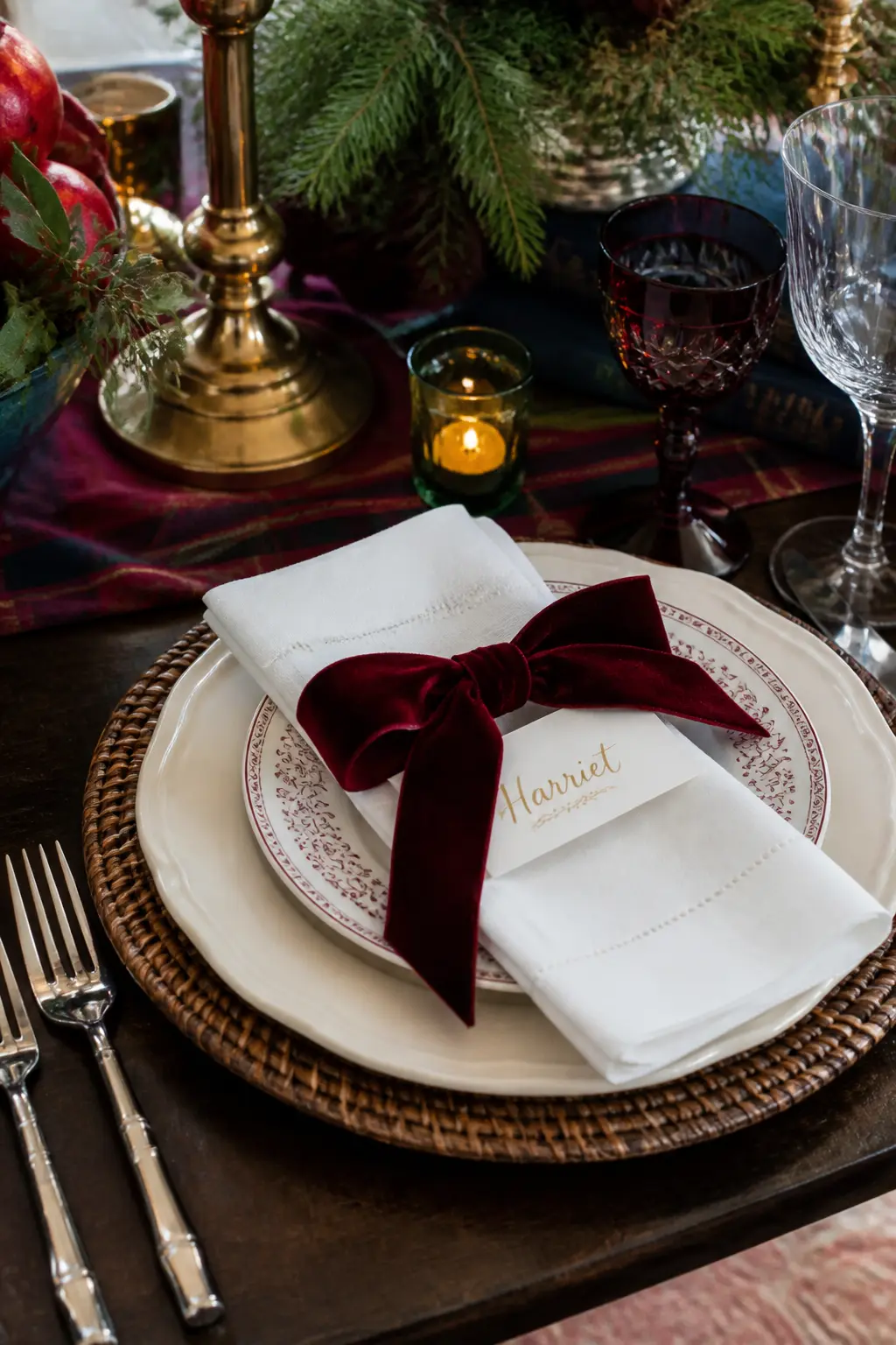 The Rattan Charger and Velvet Bow Place Setting — A rattan charger under a cream dinner plate is the quiet detail that makes this table feel curated rather