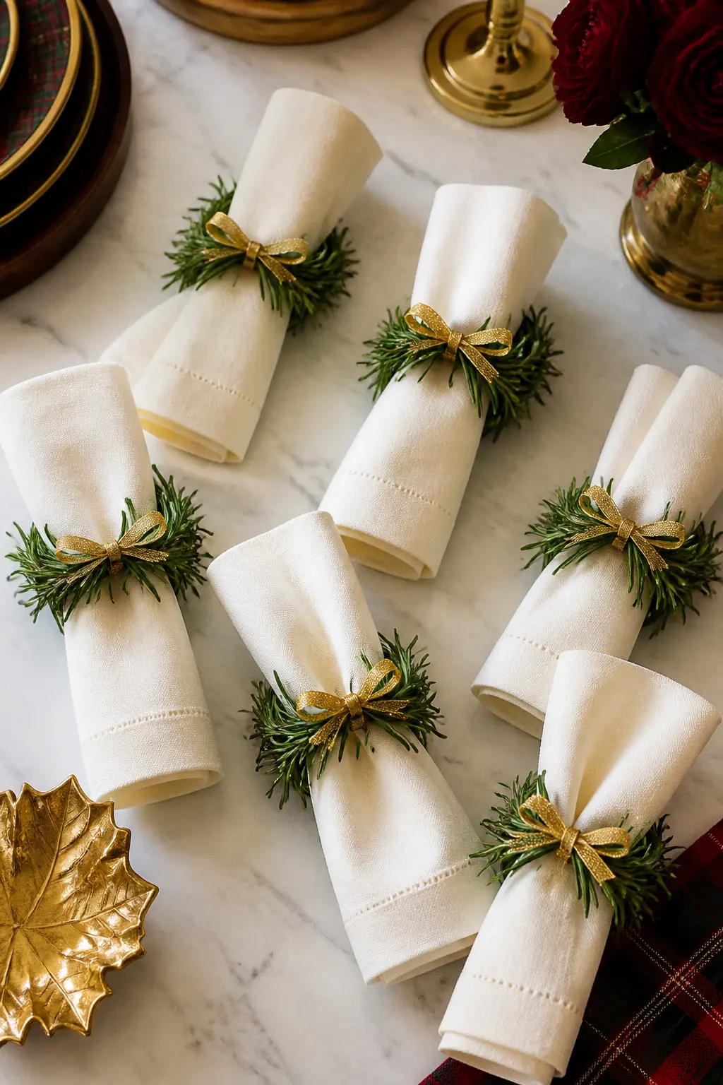 The Rosemary and Gold Wreath Napkin Ring — Bundle four or five stems of fresh rosemary into a ring slightly larger than a napkin's width, secure with fine