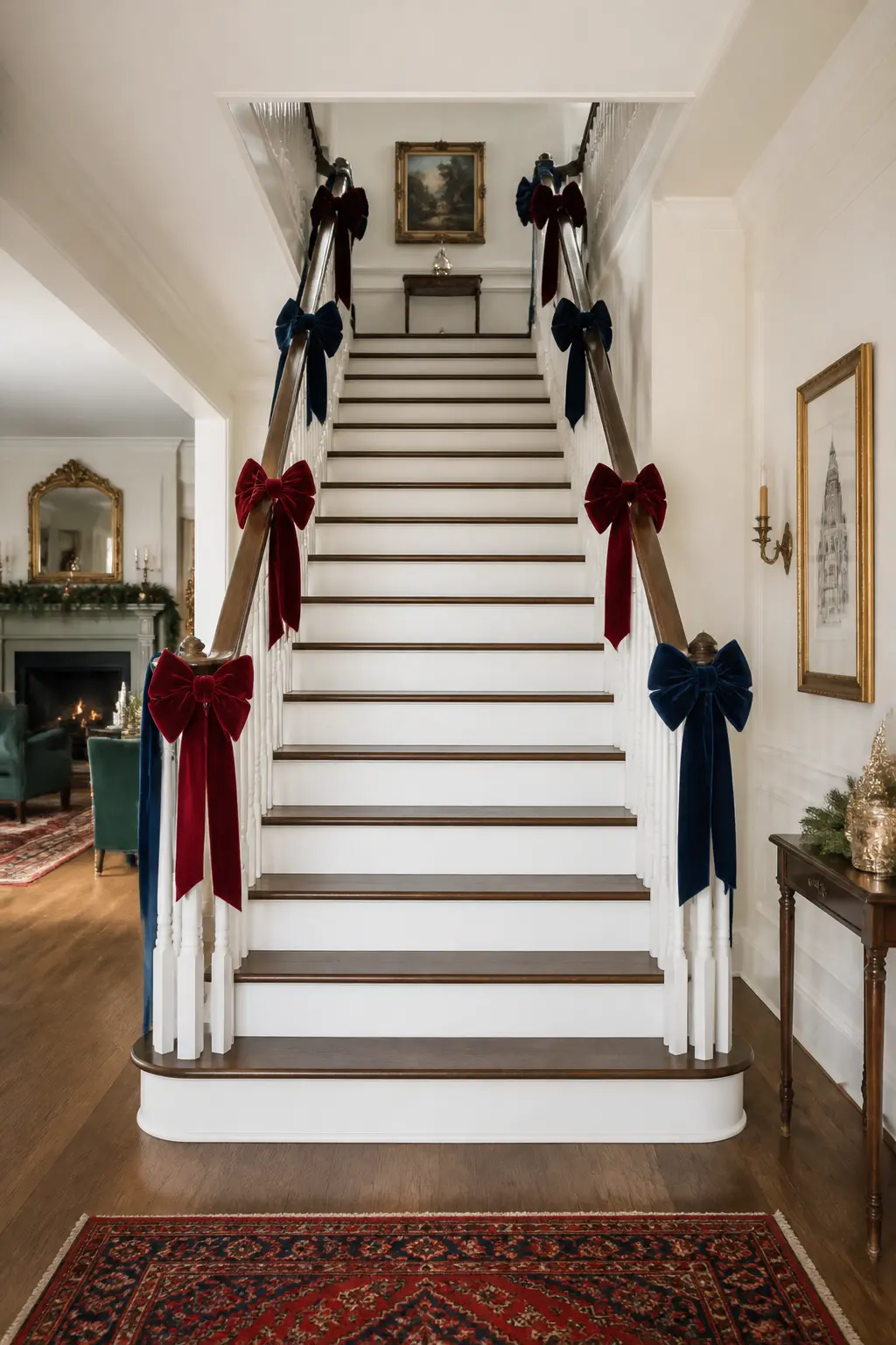 The Staircase Velvet Ribbon Bow — Tie a single very full velvet bow at the base of each stair post, one colour per floor: burgundy on the ground floor, navy on