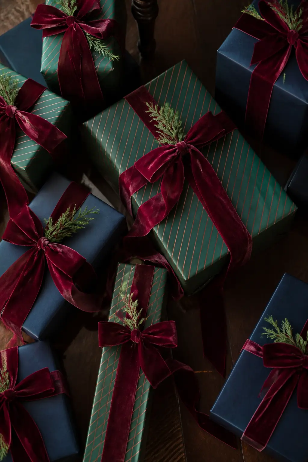 The Stripe and Velvet Gift Wrap — Wrap every gift in one of two papers: deep green and white thin stripe, or navy solid. Ralph lauren christmas
